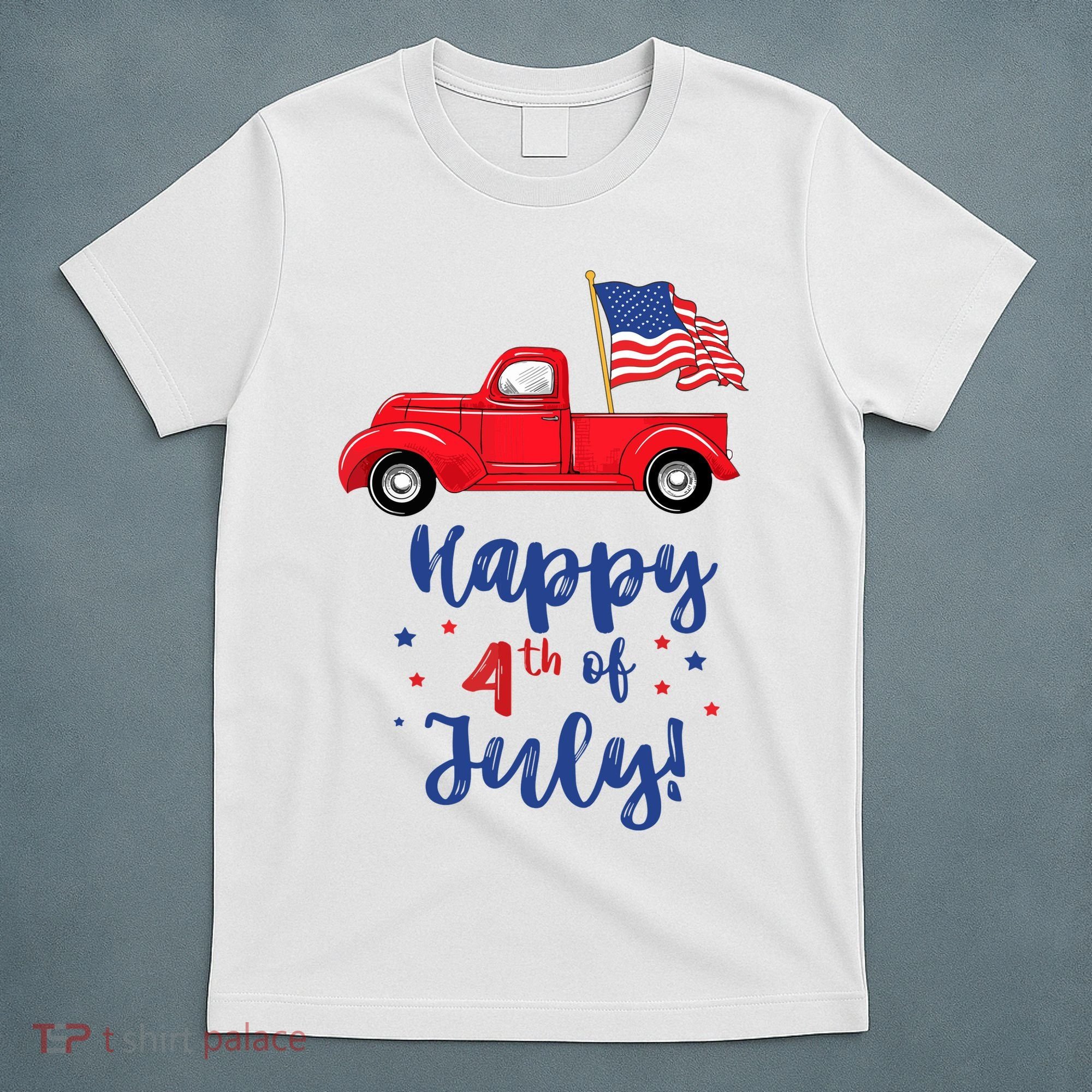 Red Truck With American Flag Happy 4th Of July T-Shirt