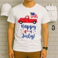 Red Truck With American Flag Happy 4th Of July T-Shirt thumb 6