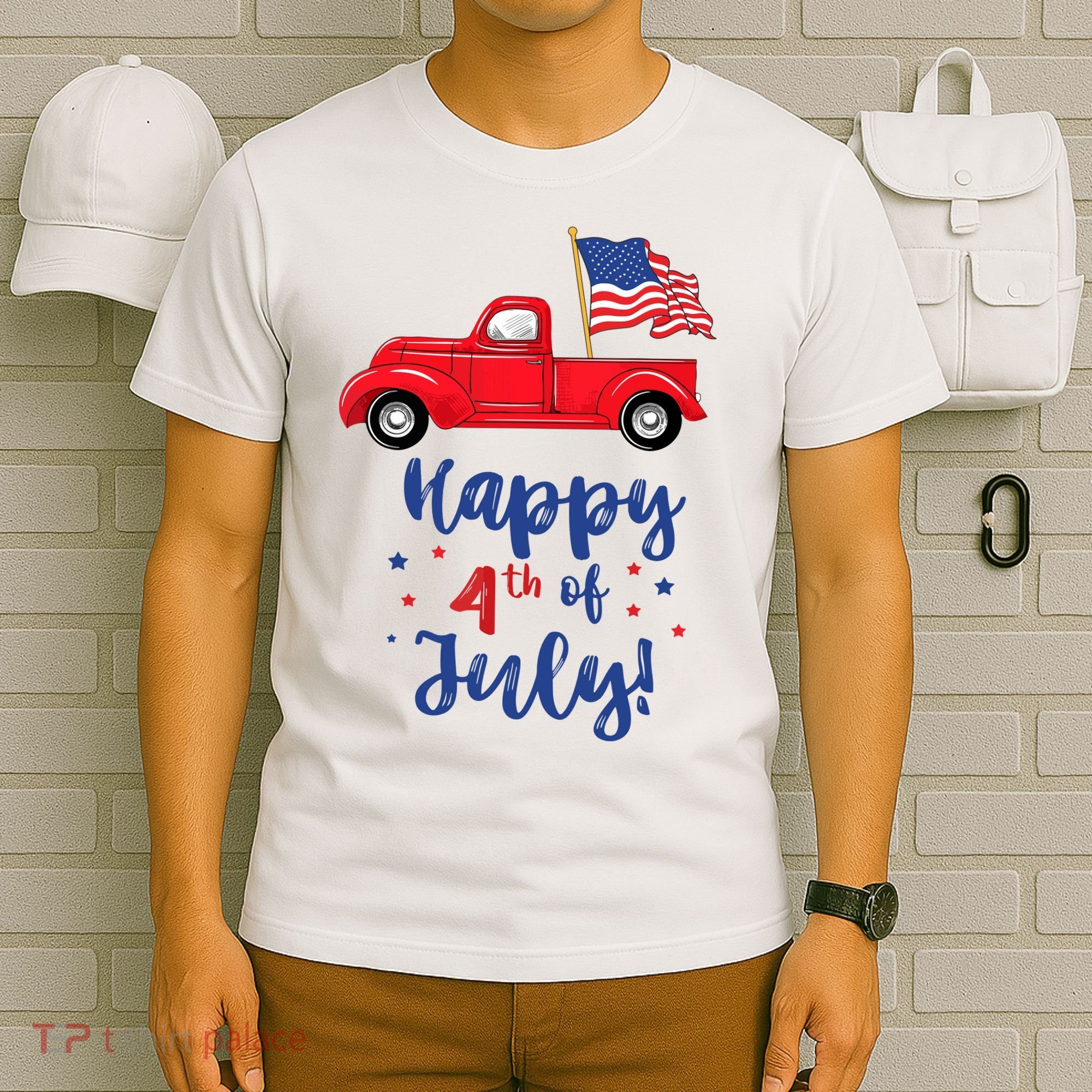 Red Truck With American Flag Happy 4th Of July T-Shirt