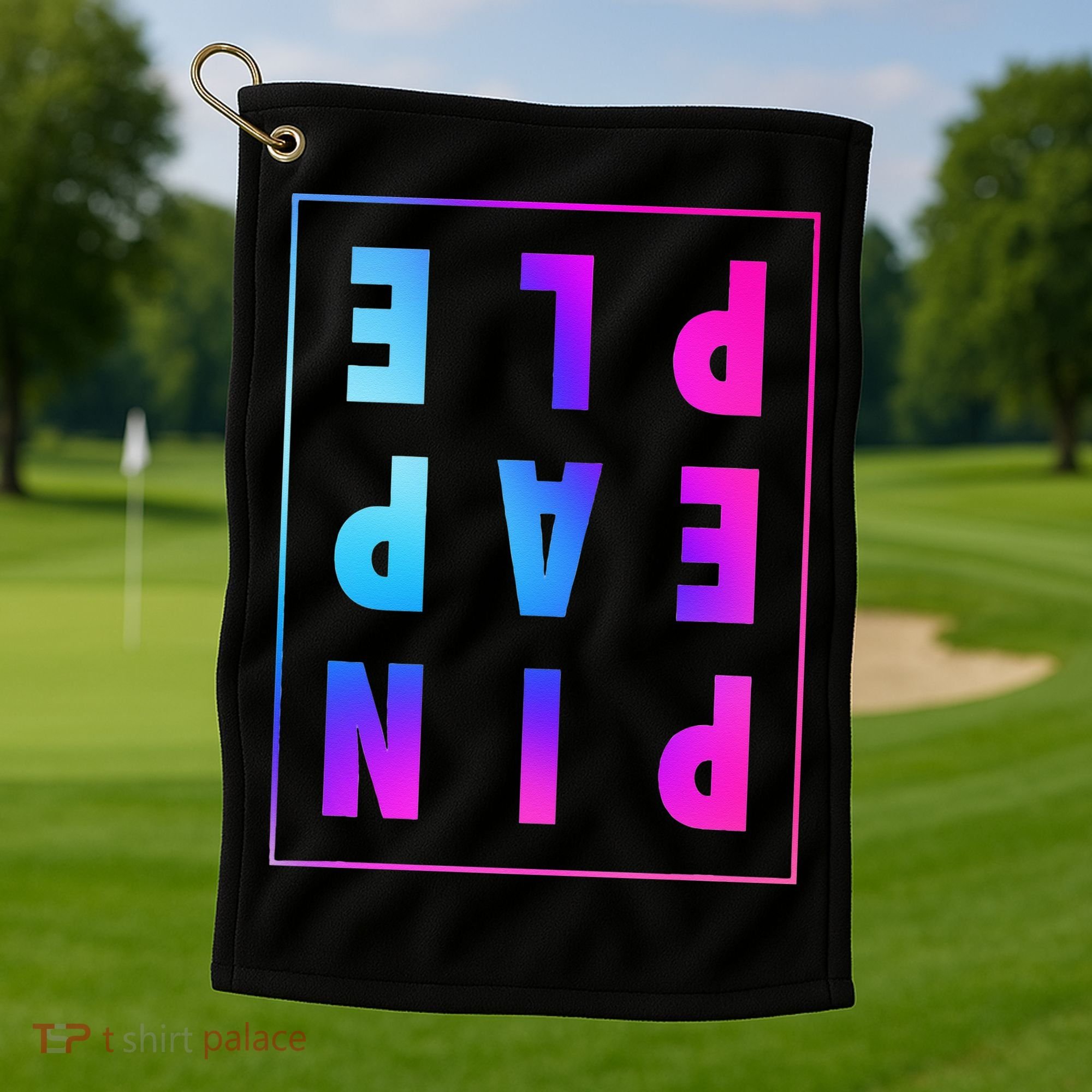 Retro Upside Down Pineapple Swinger Pastel Text Grid Golf Towel