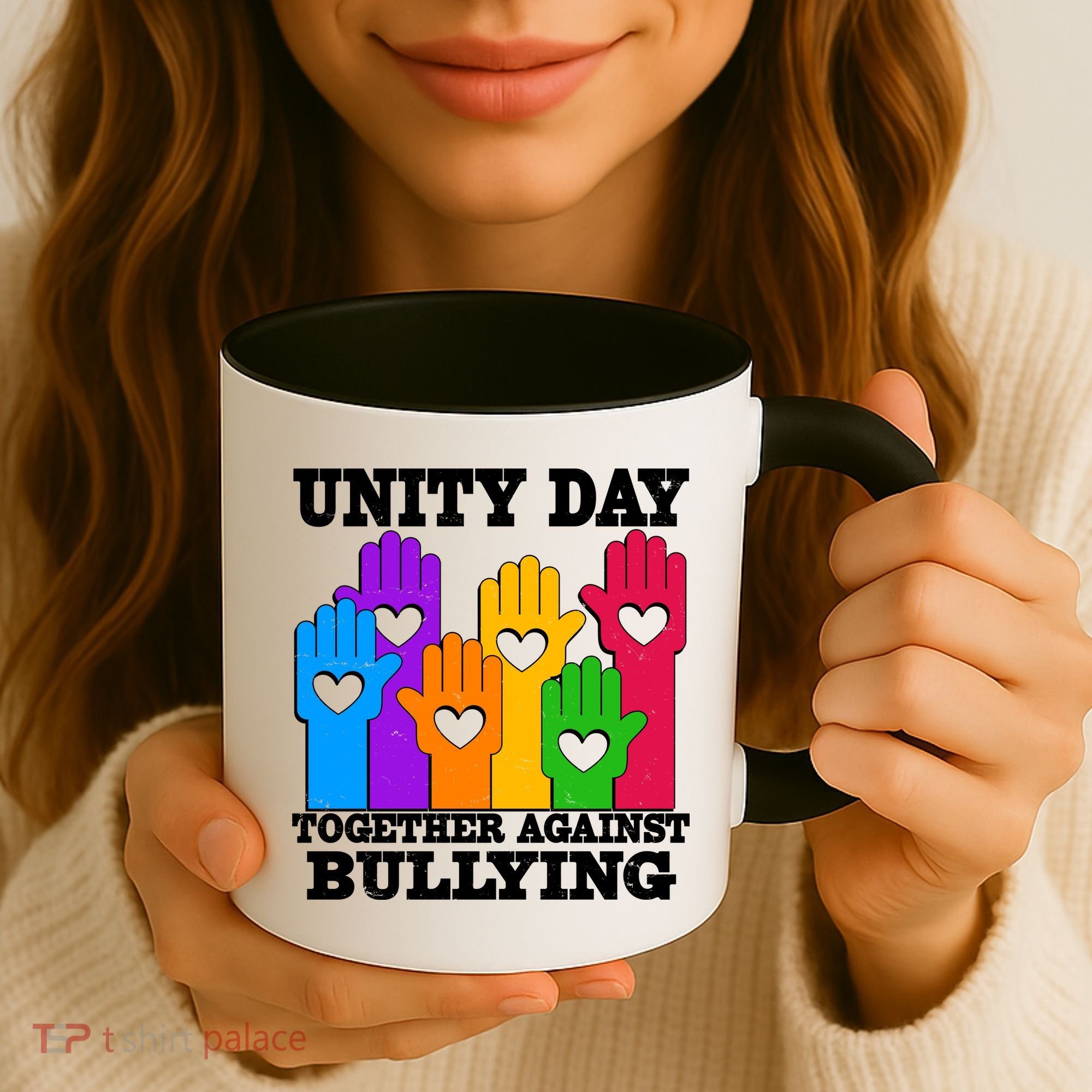 Retro Unity Day Together Against Bullying Raised Hands Coffee Mug