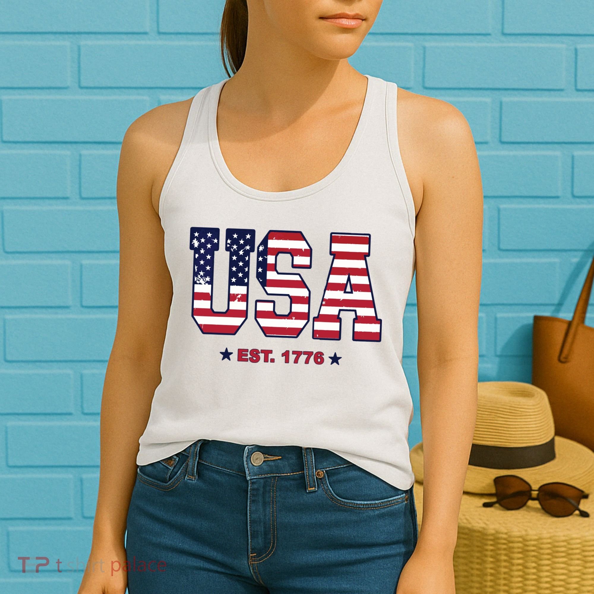 Retro Usa Flag Est. 1776 4th Of July Graphic American Flag Women's Tank Top