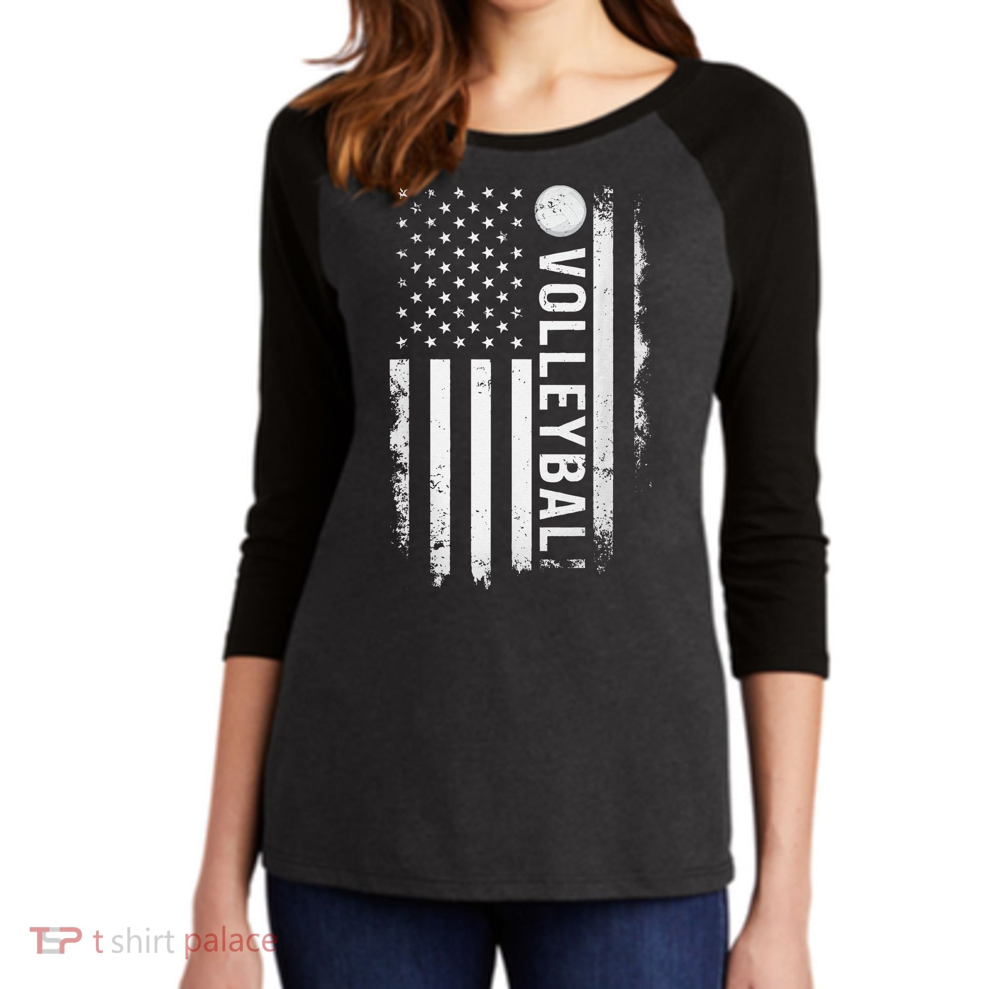 retro US Volleyball Practice USA Flag American Women's Tri-Blend 3/4-Sleeve Raglan Shirt