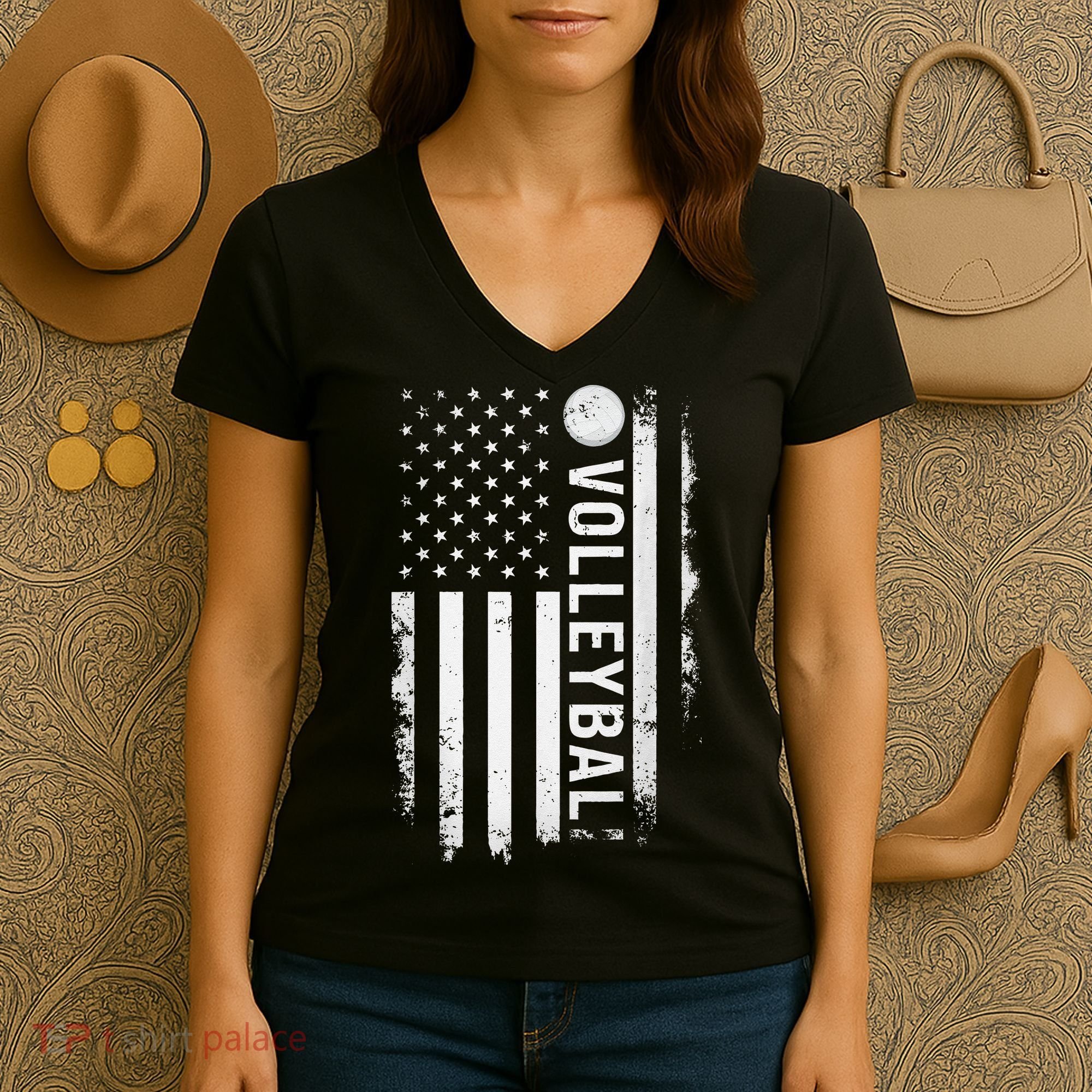retro US Volleyball Practice USA Flag American Women's V-Neck T-Shirt
