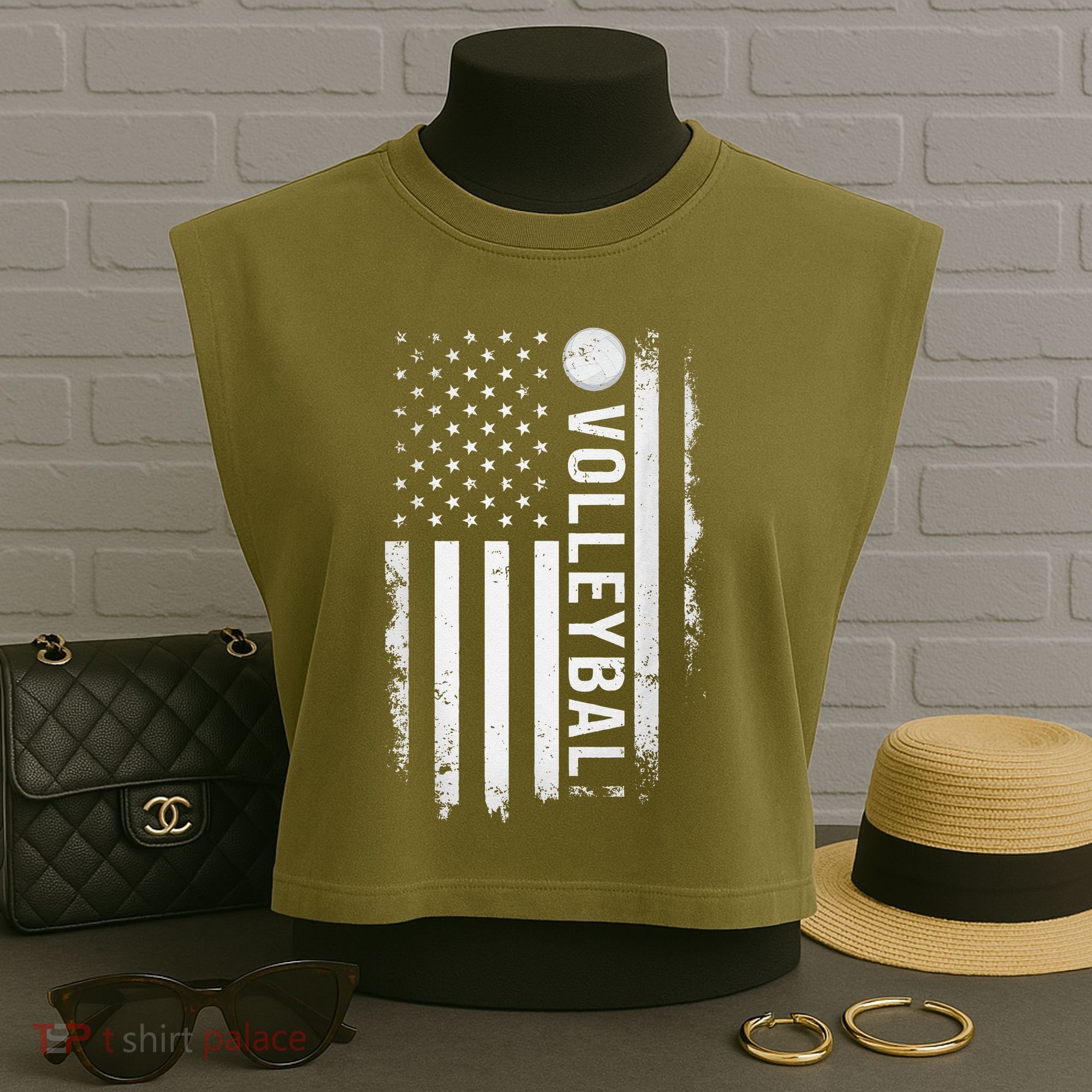 retro US Volleyball Practice USA Flag American Garment-Dyed Women's Muscle Tee