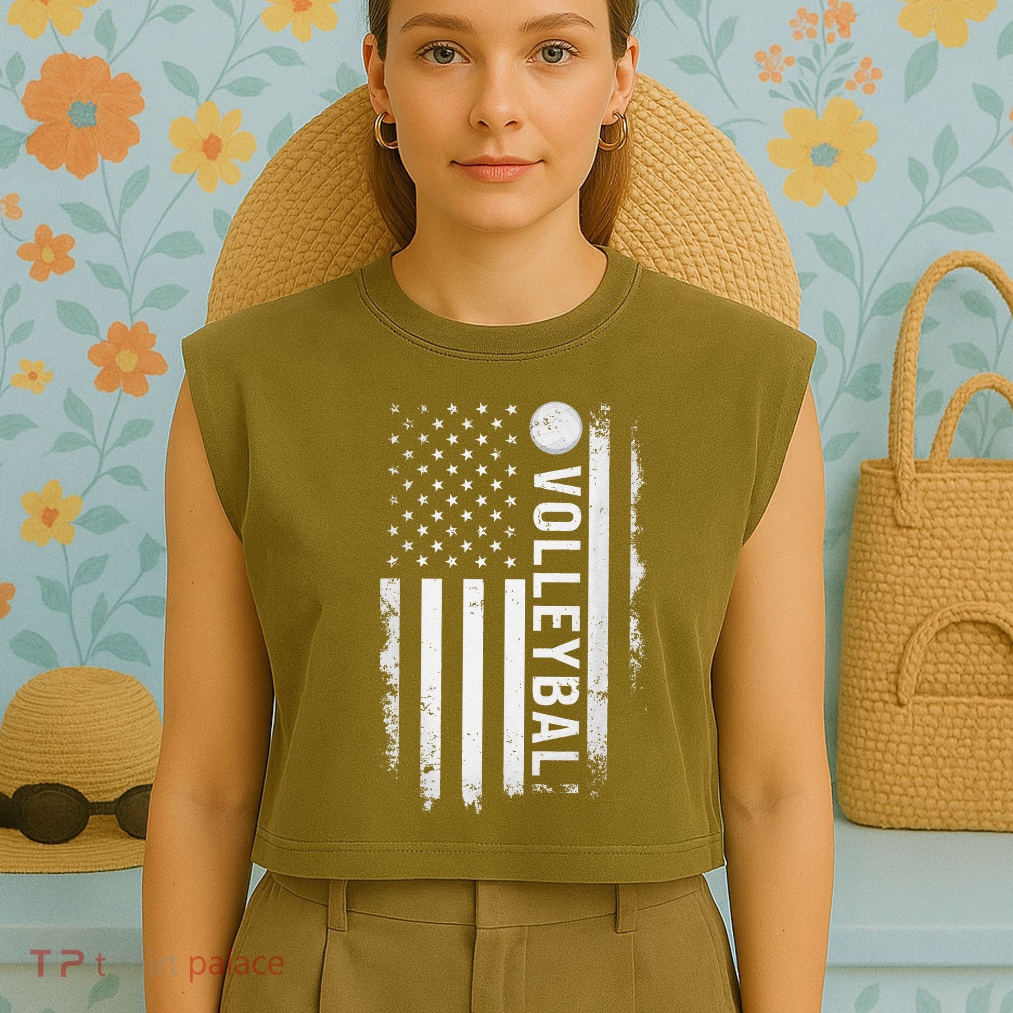 retro US Volleyball Practice USA Flag American Garment-Dyed Women's Muscle Tee