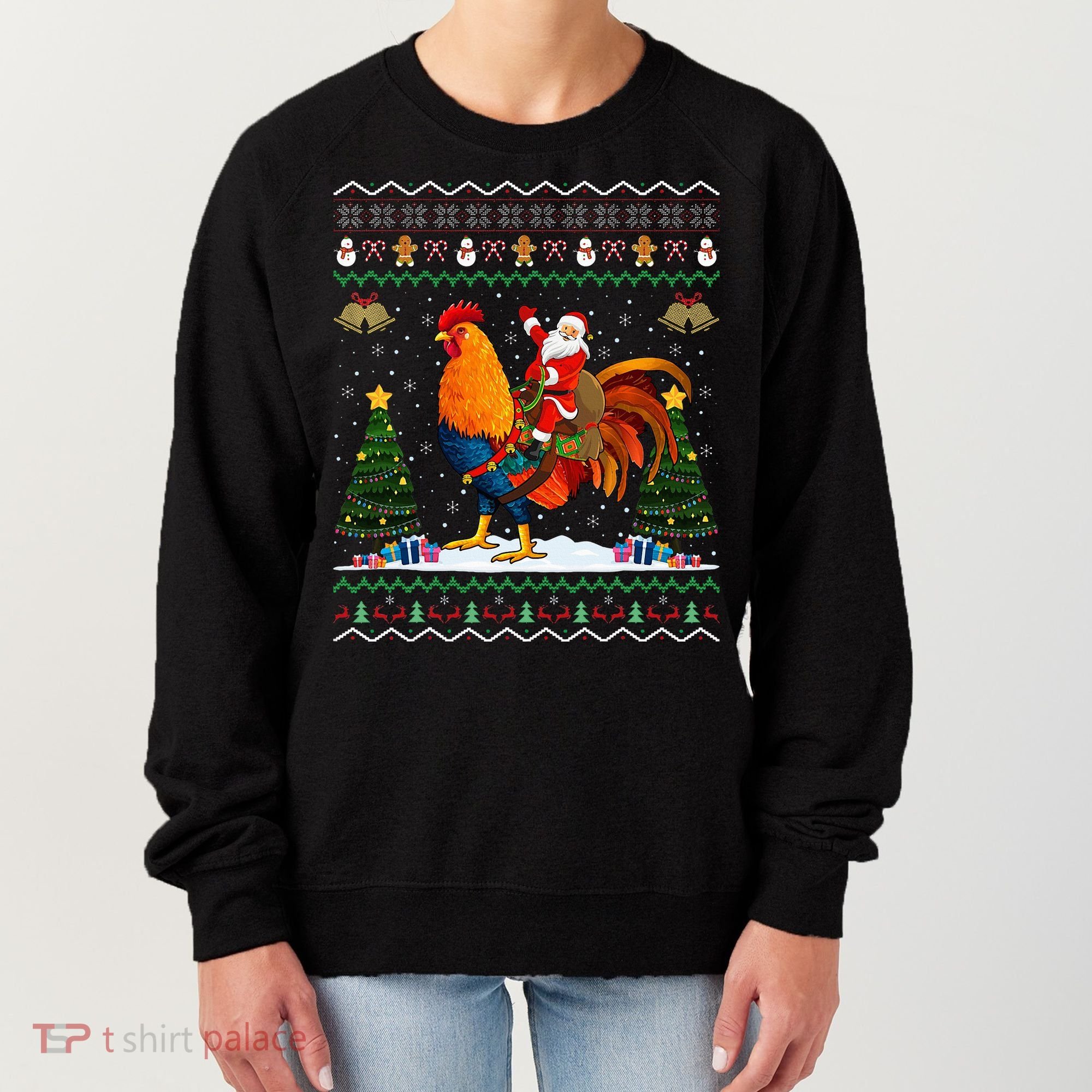 Rooster Ugly Xmas Gift Santa Riding Rooster Christmas Women's Sweatshirt