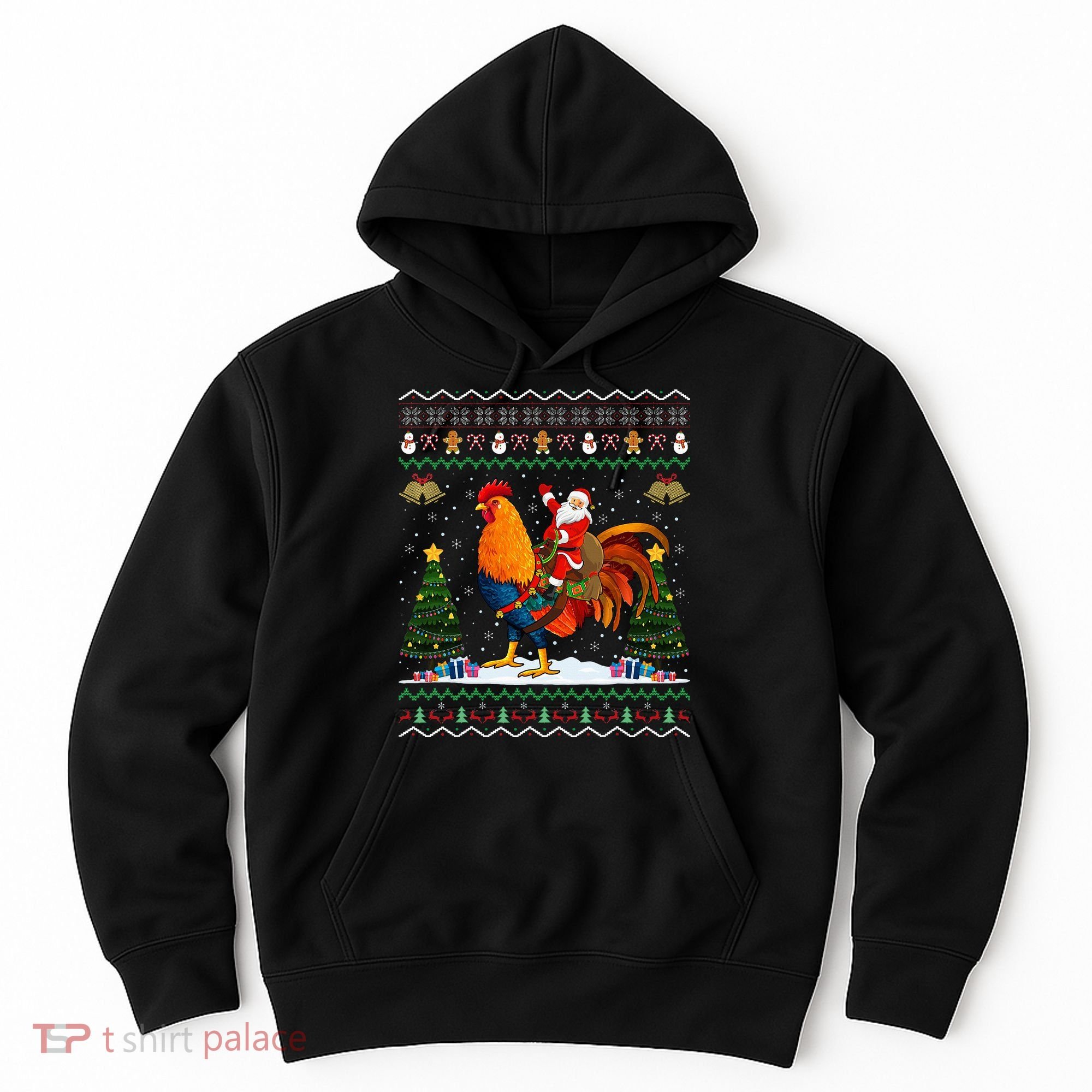 Rooster Ugly Xmas Gift Santa Riding Rooster Christmas Hoodie
