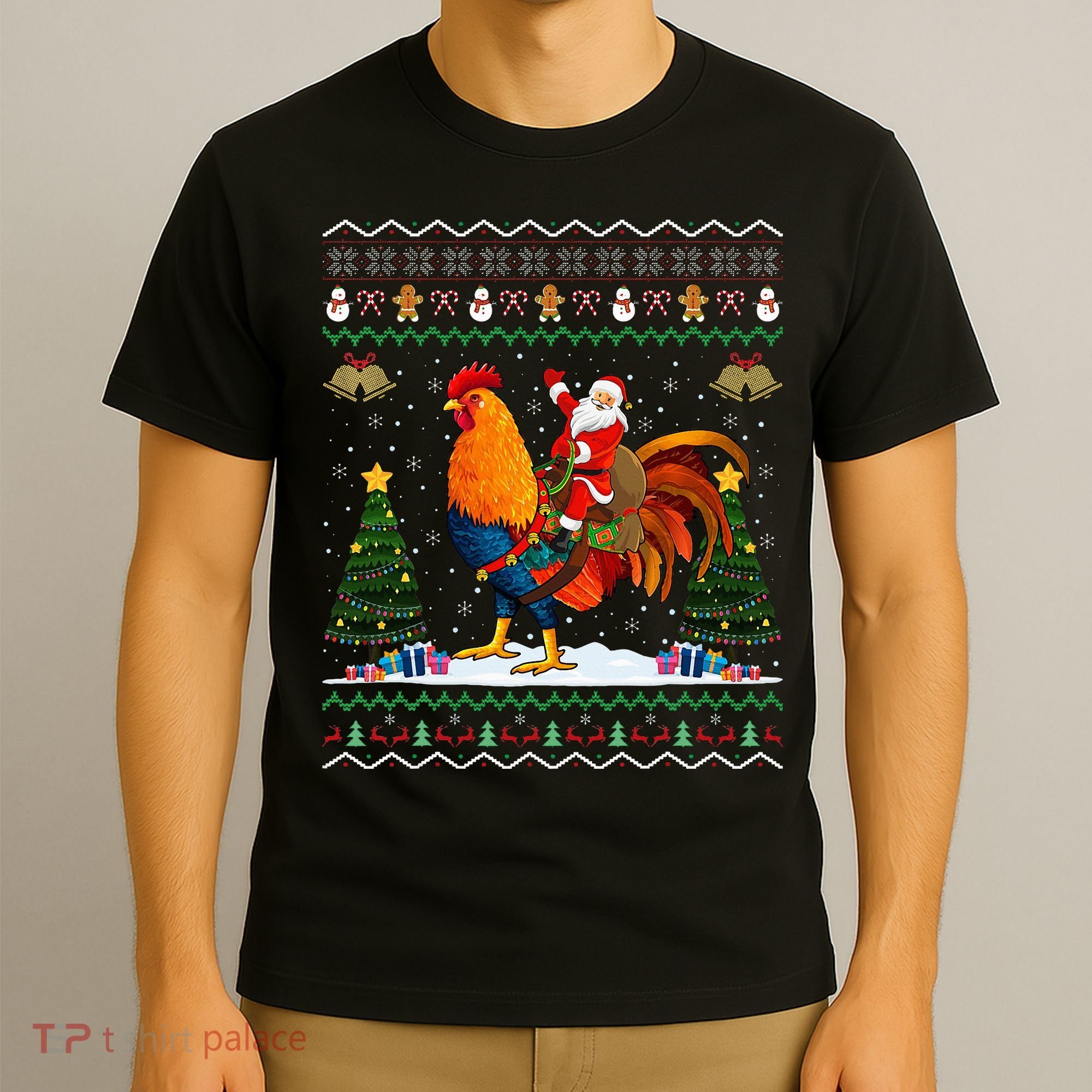 Rooster Ugly Xmas Gift Santa Riding Rooster Christmas T-Shirt