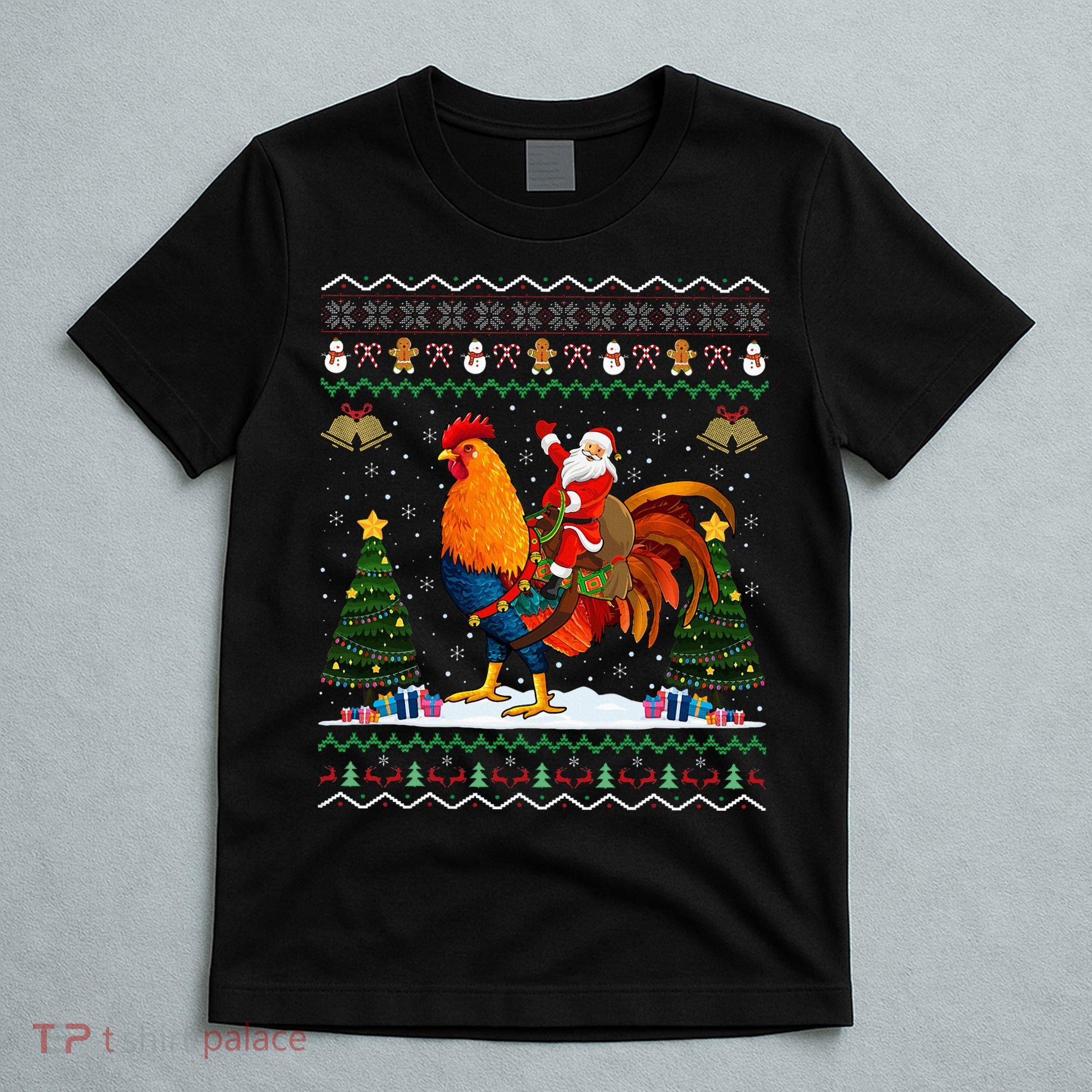 Rooster Ugly Xmas Gift Santa Riding Rooster Christmas T-Shirt