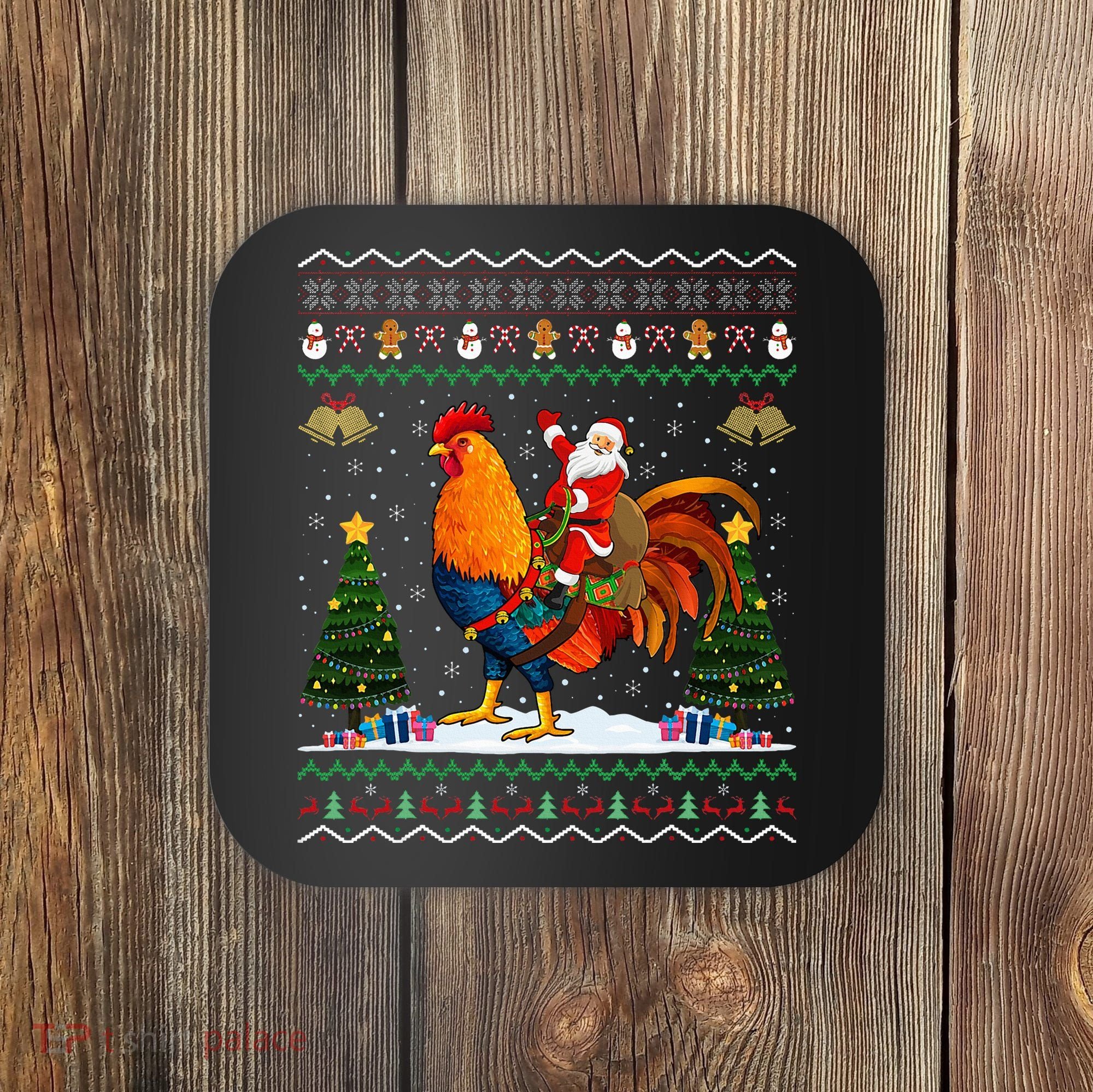 Rooster Ugly Xmas Gift Santa Riding Rooster Christmas Coaster
