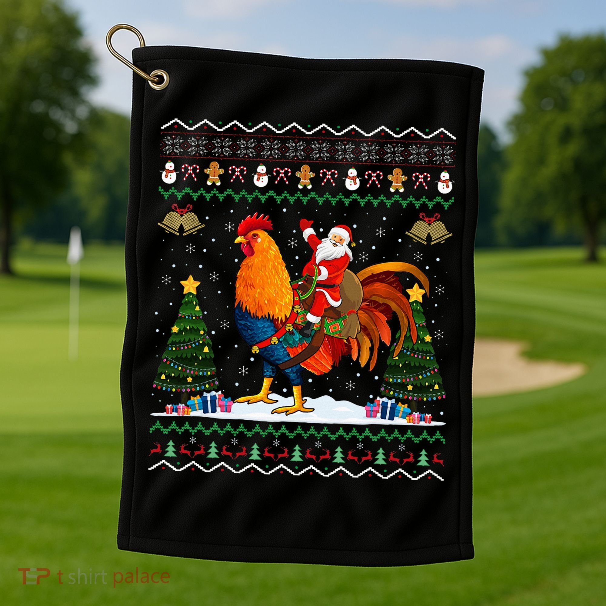 Rooster Ugly Xmas Gift Santa Riding Rooster Christmas Golf Towel