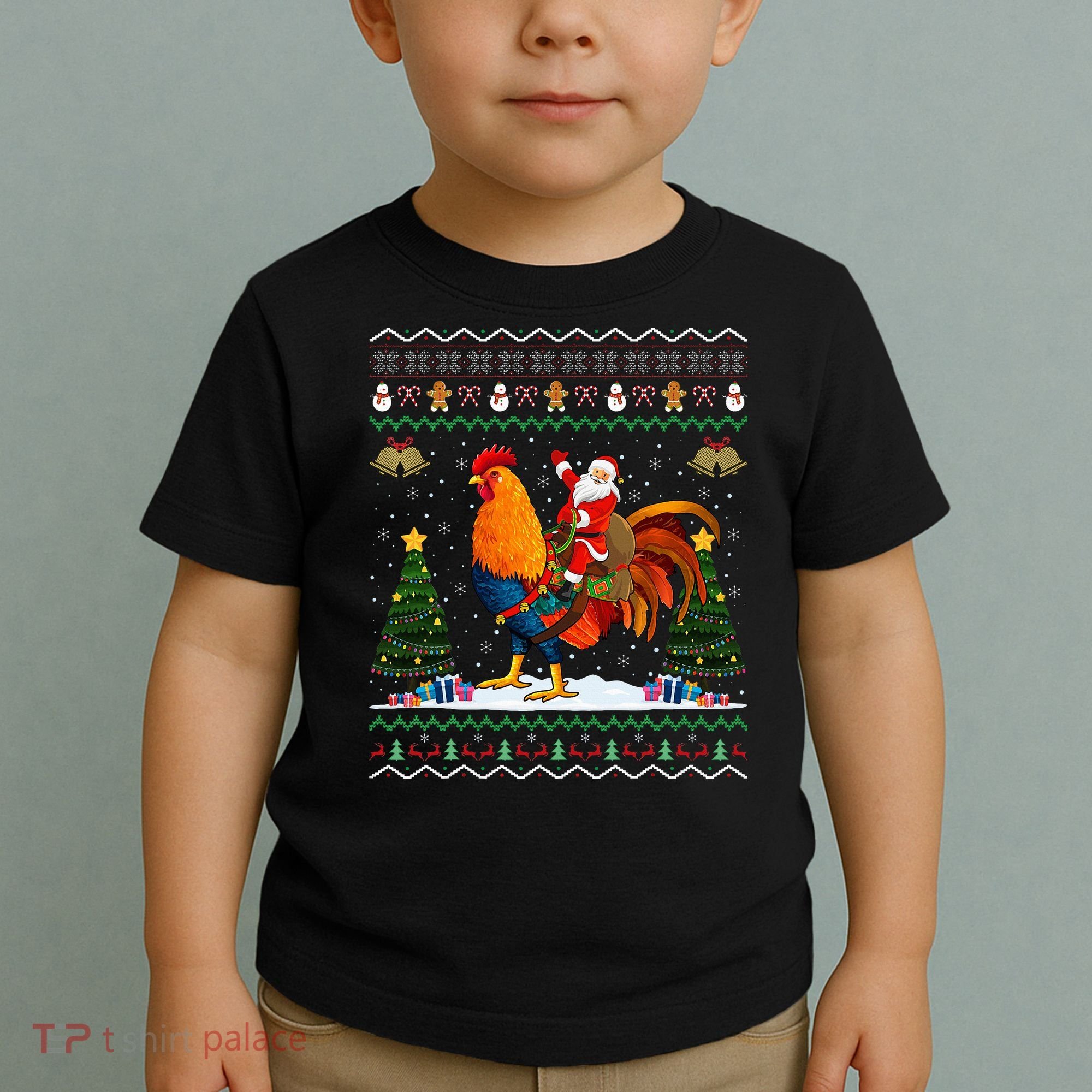 Rooster Ugly Xmas Gift Santa Riding Rooster Christmas Toddler T-Shirt
