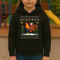 Rooster Ugly Xmas Gift Santa Riding Rooster Christmas Kids Hoodie thumb 3