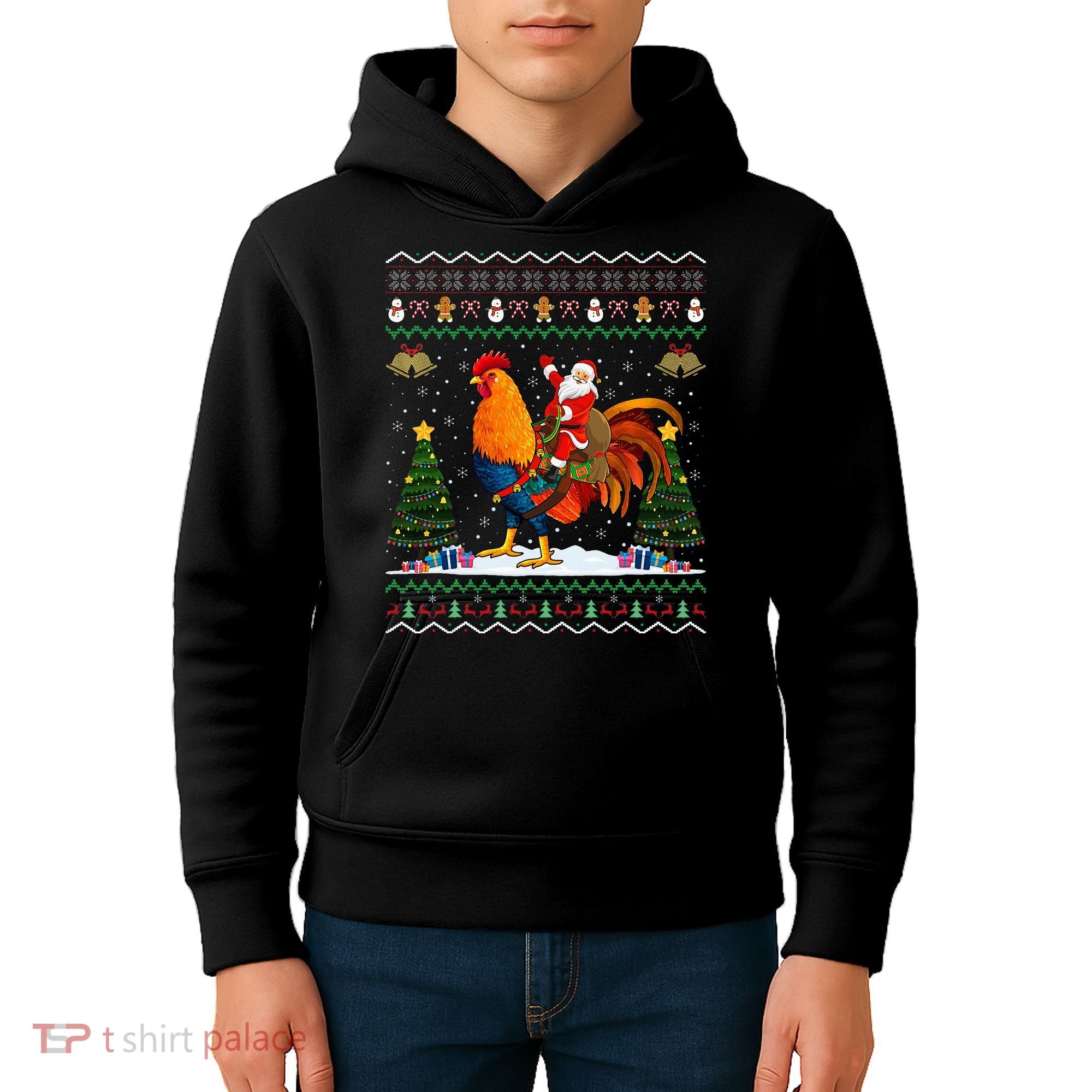 Rooster Ugly Xmas Gift Santa Riding Rooster Christmas Kids Hoodie