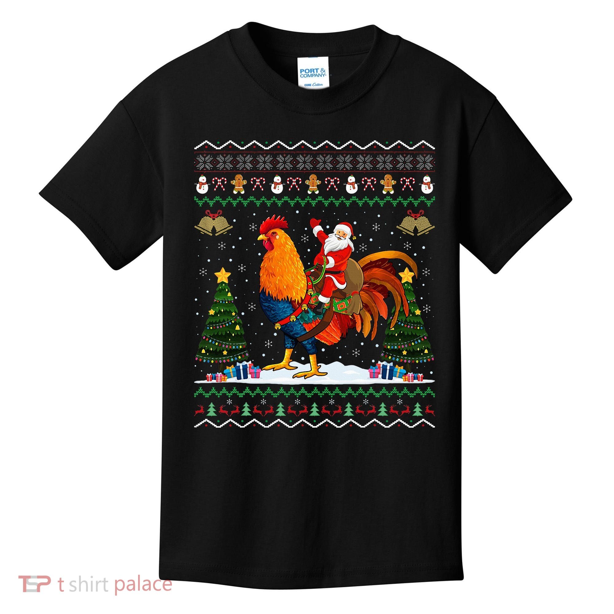 Rooster Ugly Xmas Gift Santa Riding Rooster Christmas Kids T-Shirt