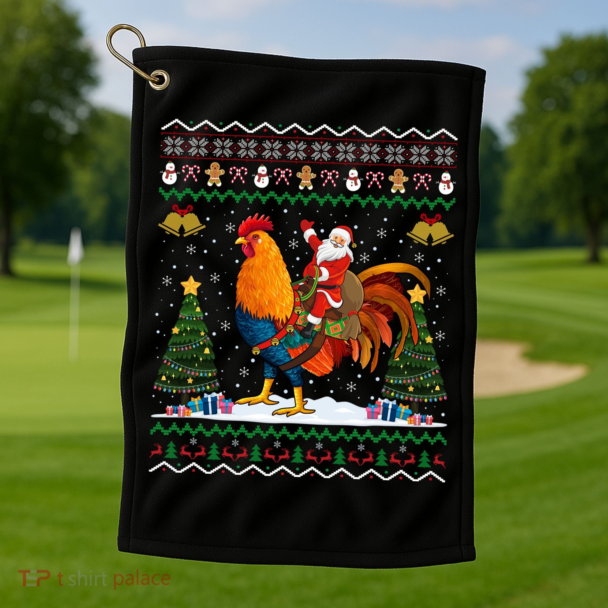 Rooster Ugly Xmas Gift Santa Riding Rooster Christmas Great Gift Golf Towel