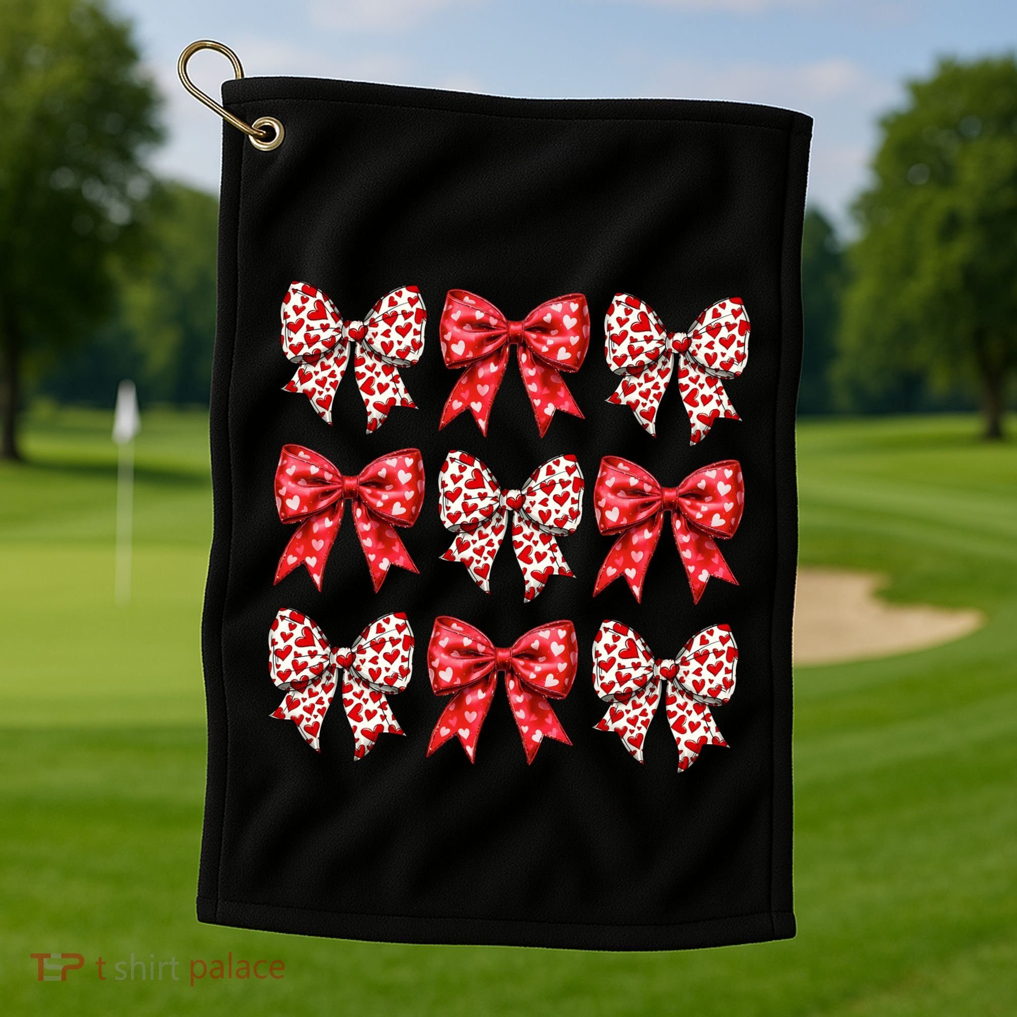 Retro Valentines Day Heart Coquette Bow Golf Towel
