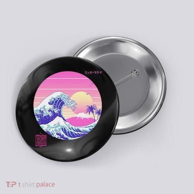 Retro Vaporwave Great Wave Japanese Aesthetic Design Button