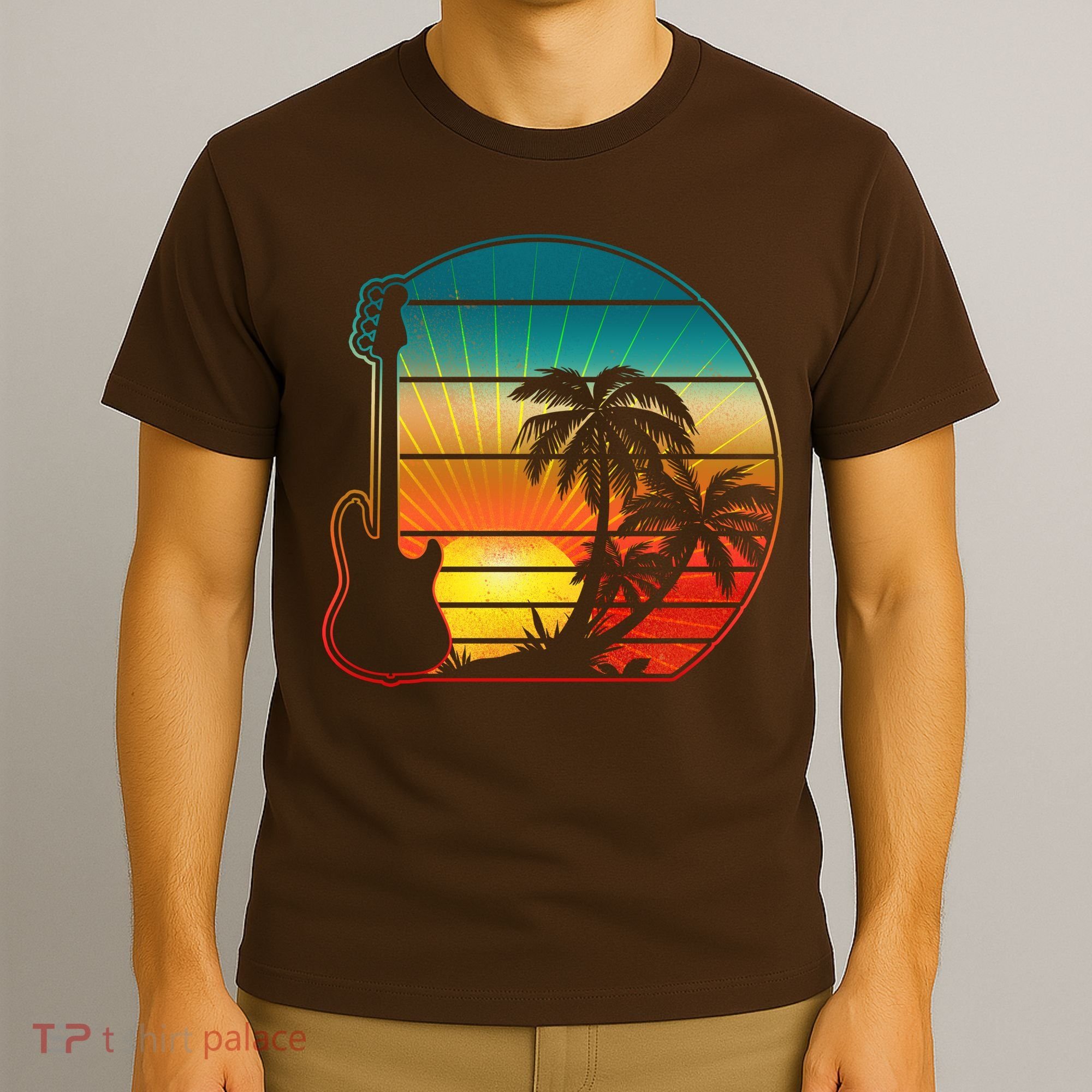 Retro Vintage Guitar Sunset Sunrise Island T-Shirt