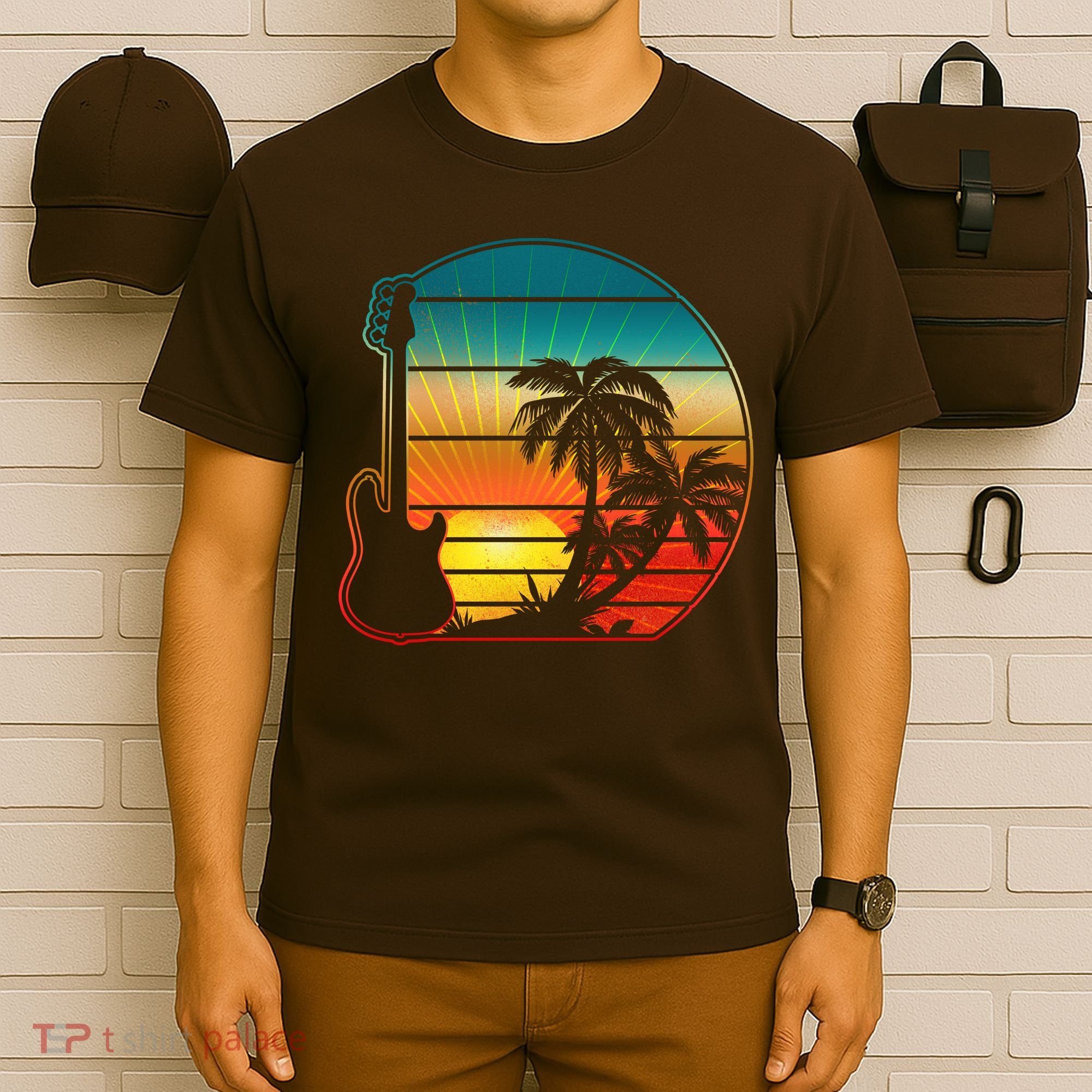 Retro Vintage Guitar Sunset Sunrise Island T-Shirt