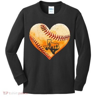 Retro Vintage Houston Texas Baseball Heart With Map Kids Long Sleeve Shirt