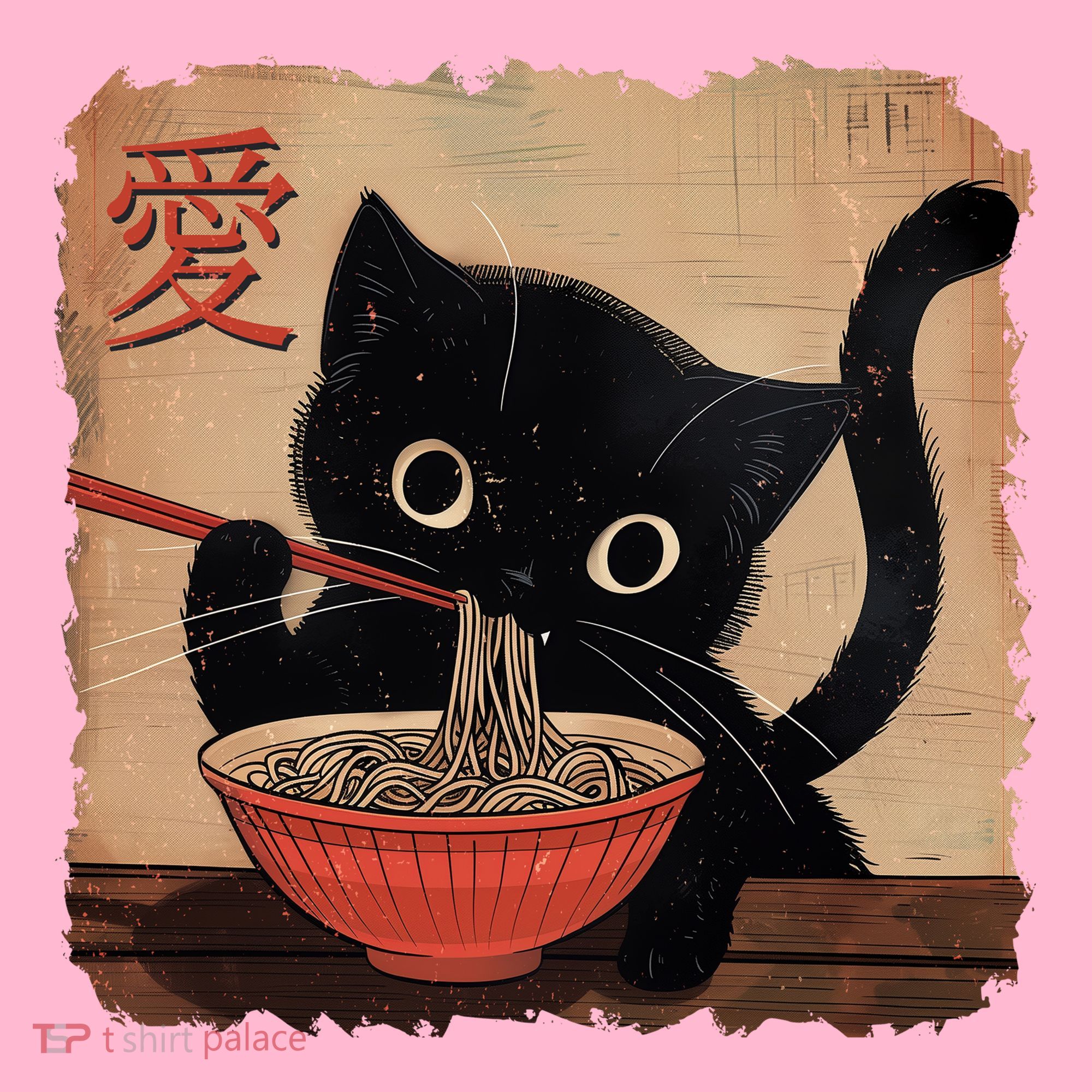 Retro Vintage Japanese Ramen Noodle Neko Cat T-Shirt