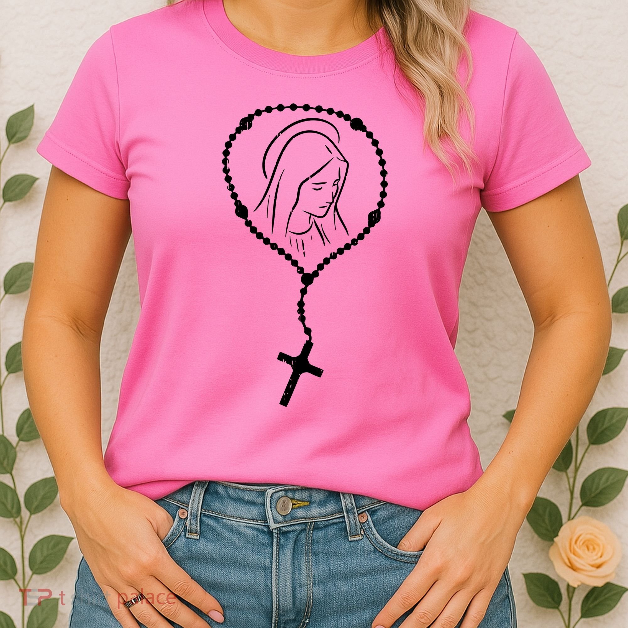 Rosary Virgin Mary God Jesus Faith Religious Catholic Women's T-Shirt