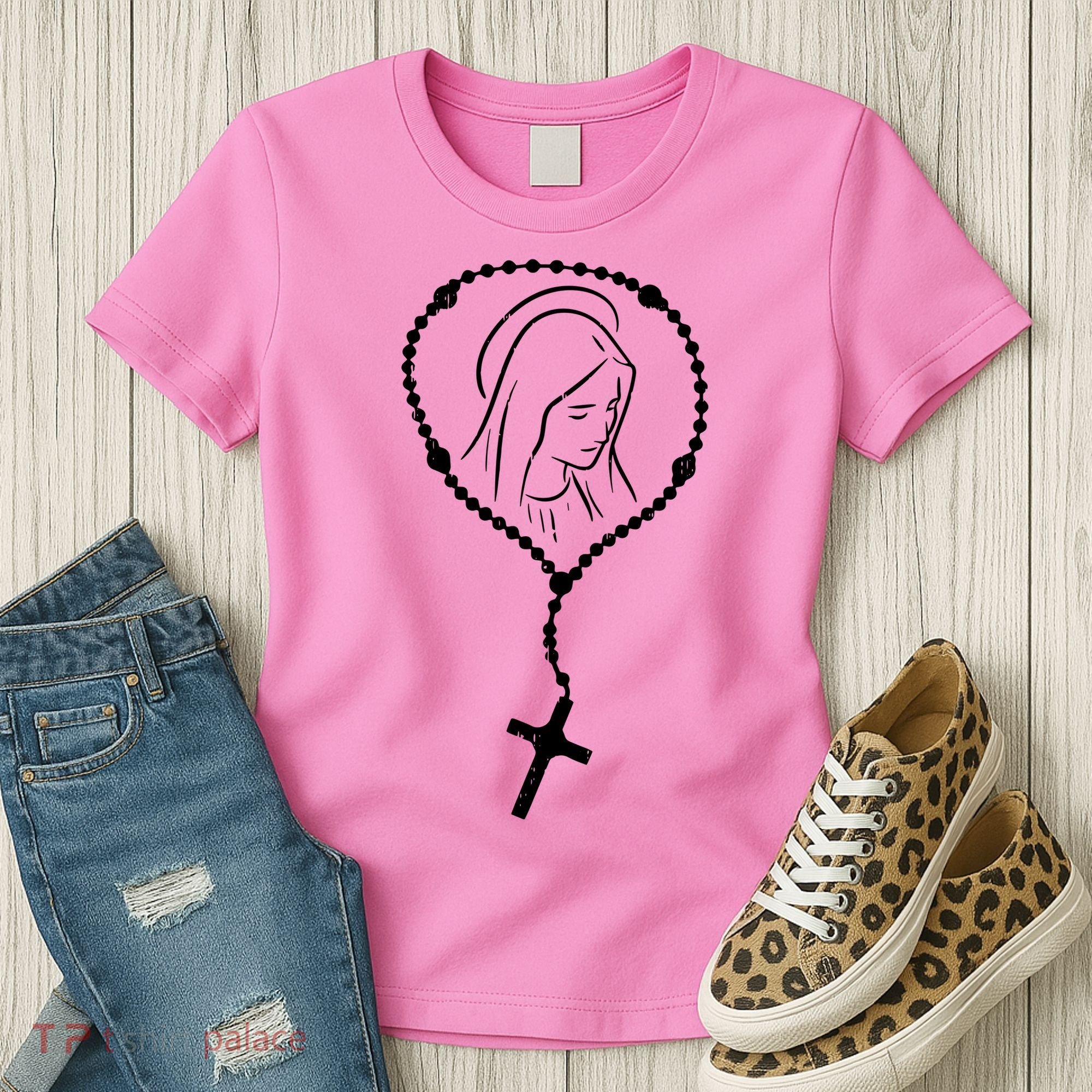 Rosary Virgin Mary God Jesus Faith Religious Catholic Women's T-Shirt