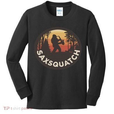 Retro Vintage Sax Squatch Yeti Bigfoot Playing Saxophone Kids Long Sleeve Shirt