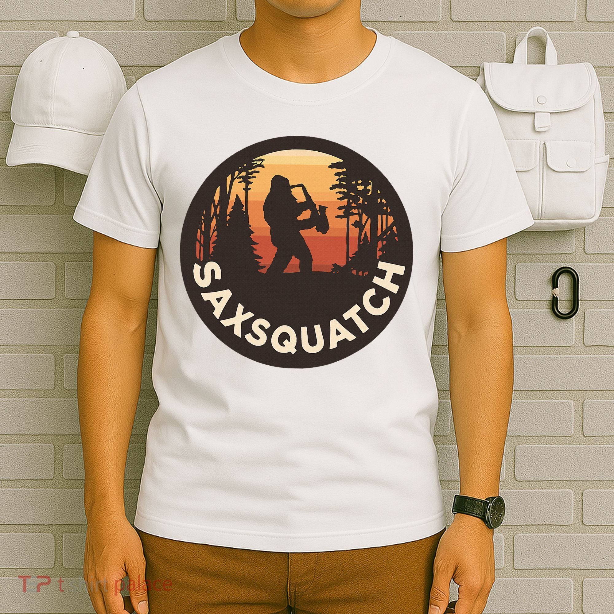 Retro Vintage Saxsquatch Yeti Bigfoot Playing Saxophone T-Shirt