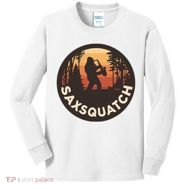Retro Vintage Saxsquatch Yeti Bigfoot Playing Saxophone Kids Long Sleeve Shirt