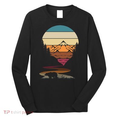 Retro Wildlife Animal Bear Hiking Trees Mountains Forest Long Sleeve Shirt