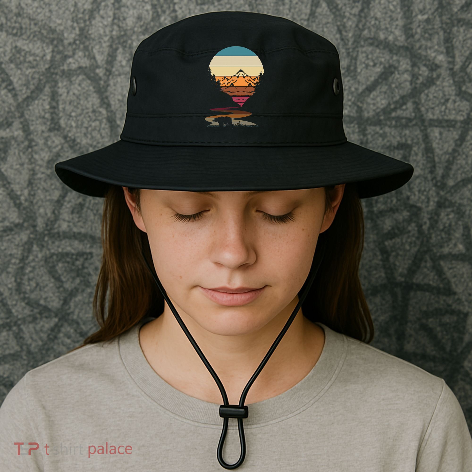 Retro Wildlife Animal Bear Hiking Trees Mountains Forest Bucket Hat