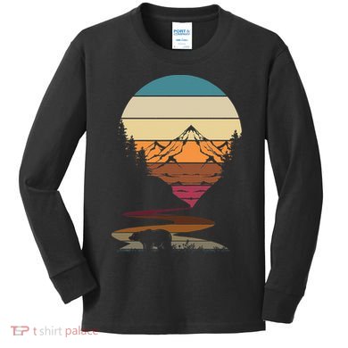 Retro Wildlife Animal Bear Hiking Trees Mountains Forest Kids Long Sleeve Shirt