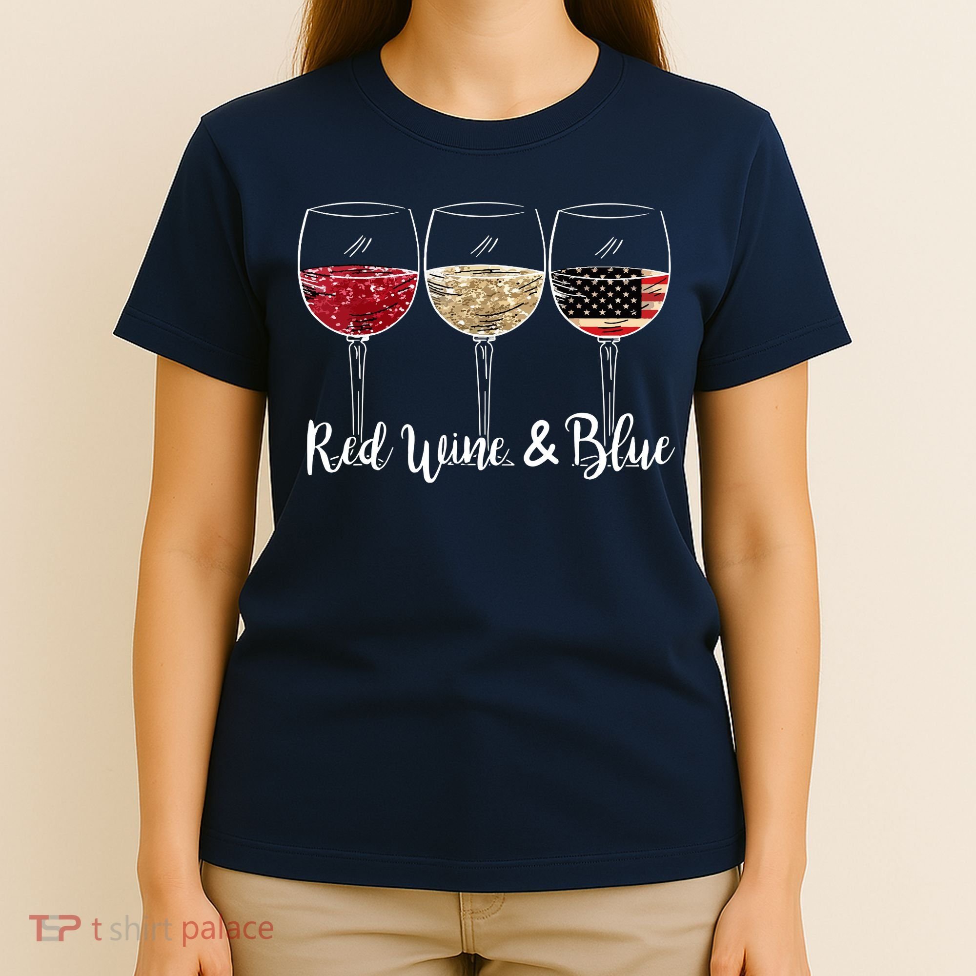 Red Wine And Blue Funny 4th Of July Drinking Wine Lover T-Shirt