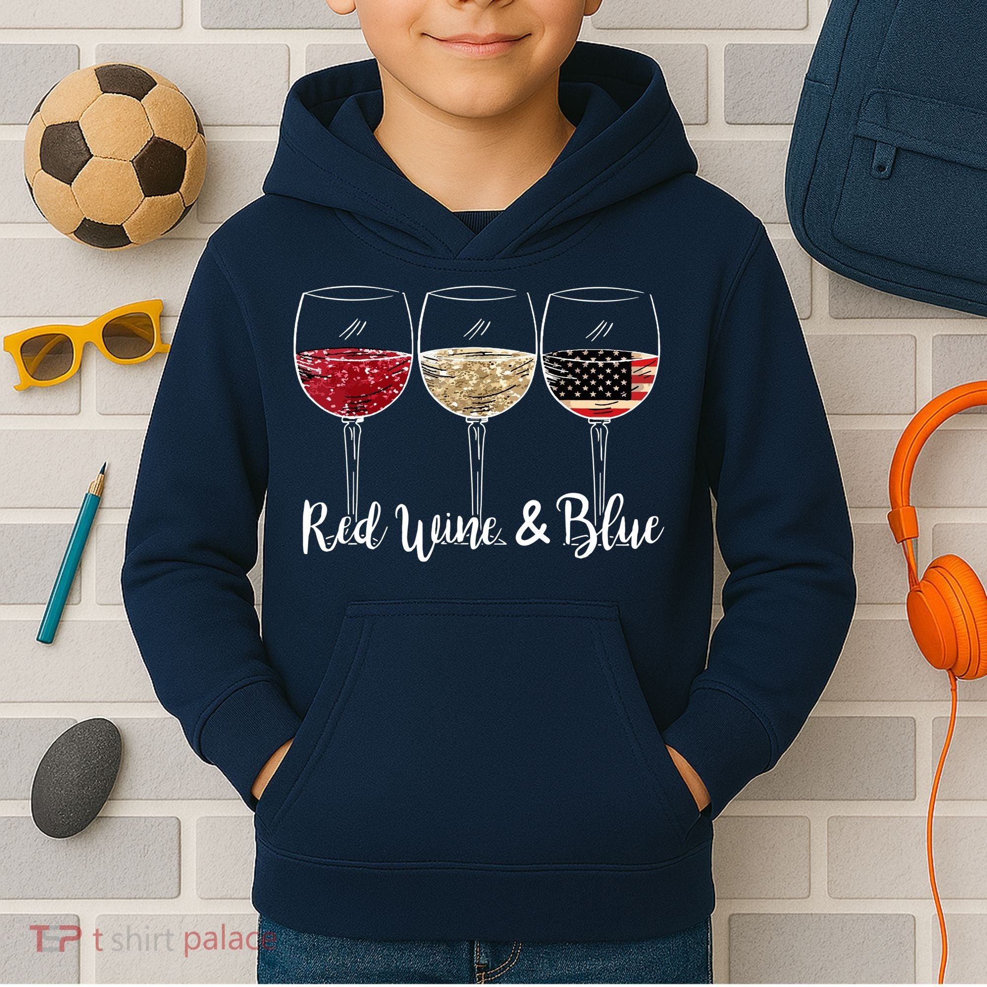 Red Wine And Blue Funny 4th Of July Drinking Wine Lover Kids Hoodie
