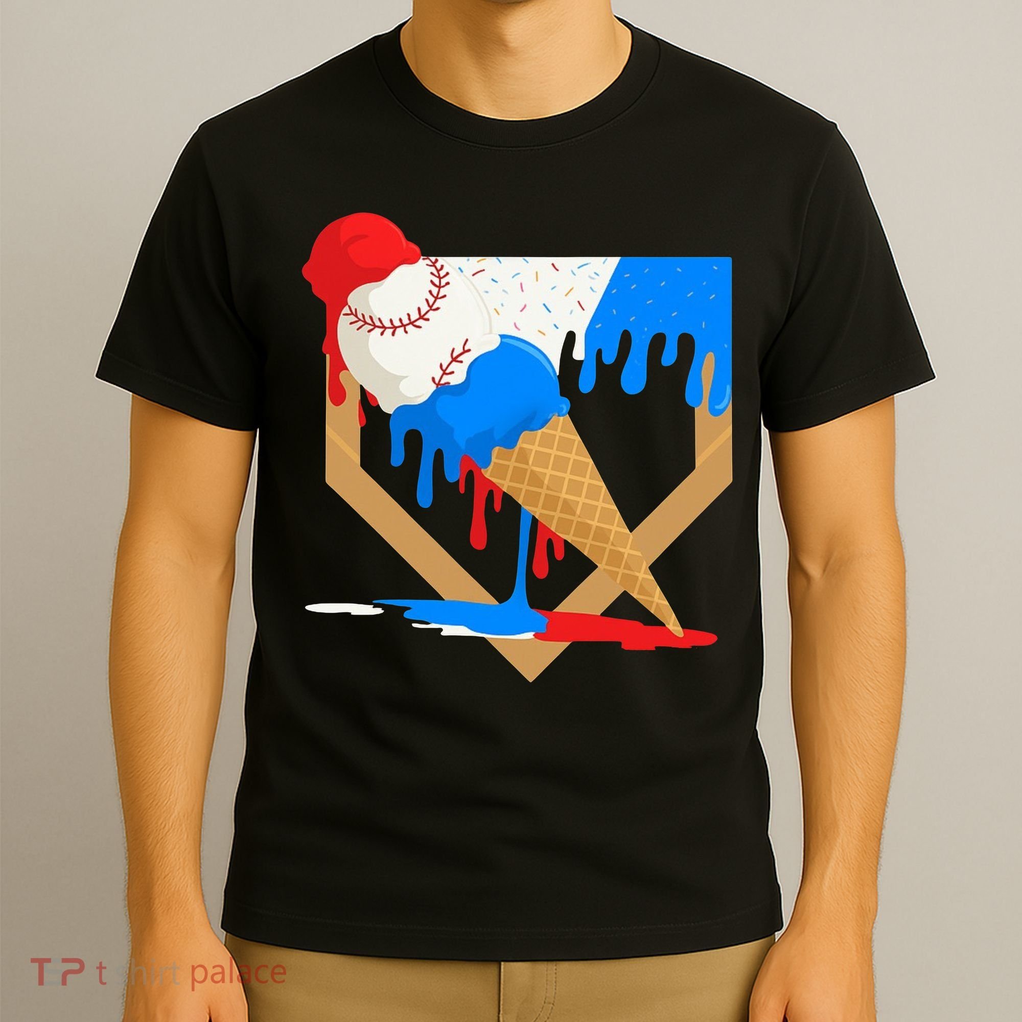 Red White And Blue Baseball Ice Cream Drip T-Shirt