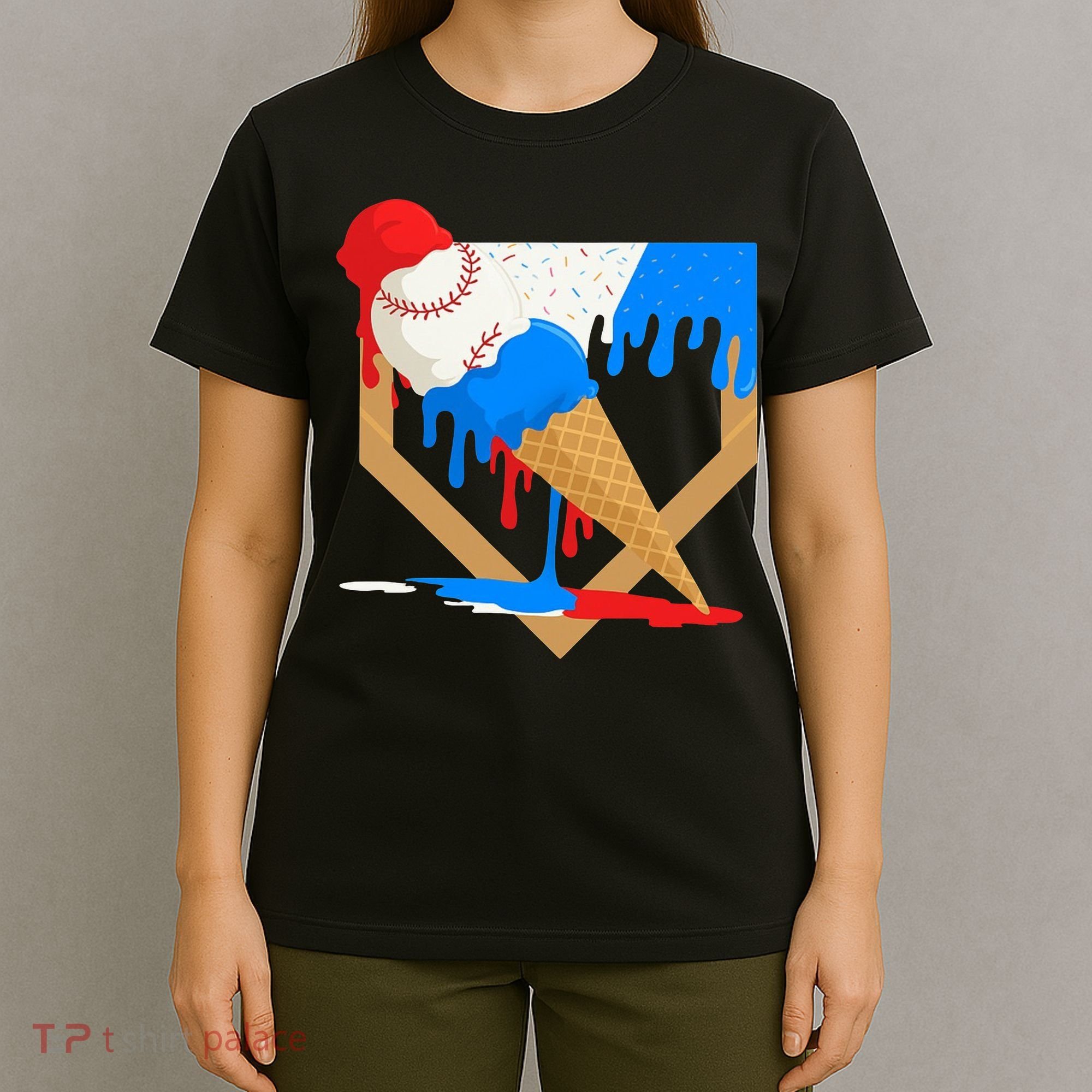 Red White And Blue Baseball Ice Cream Drip T-Shirt