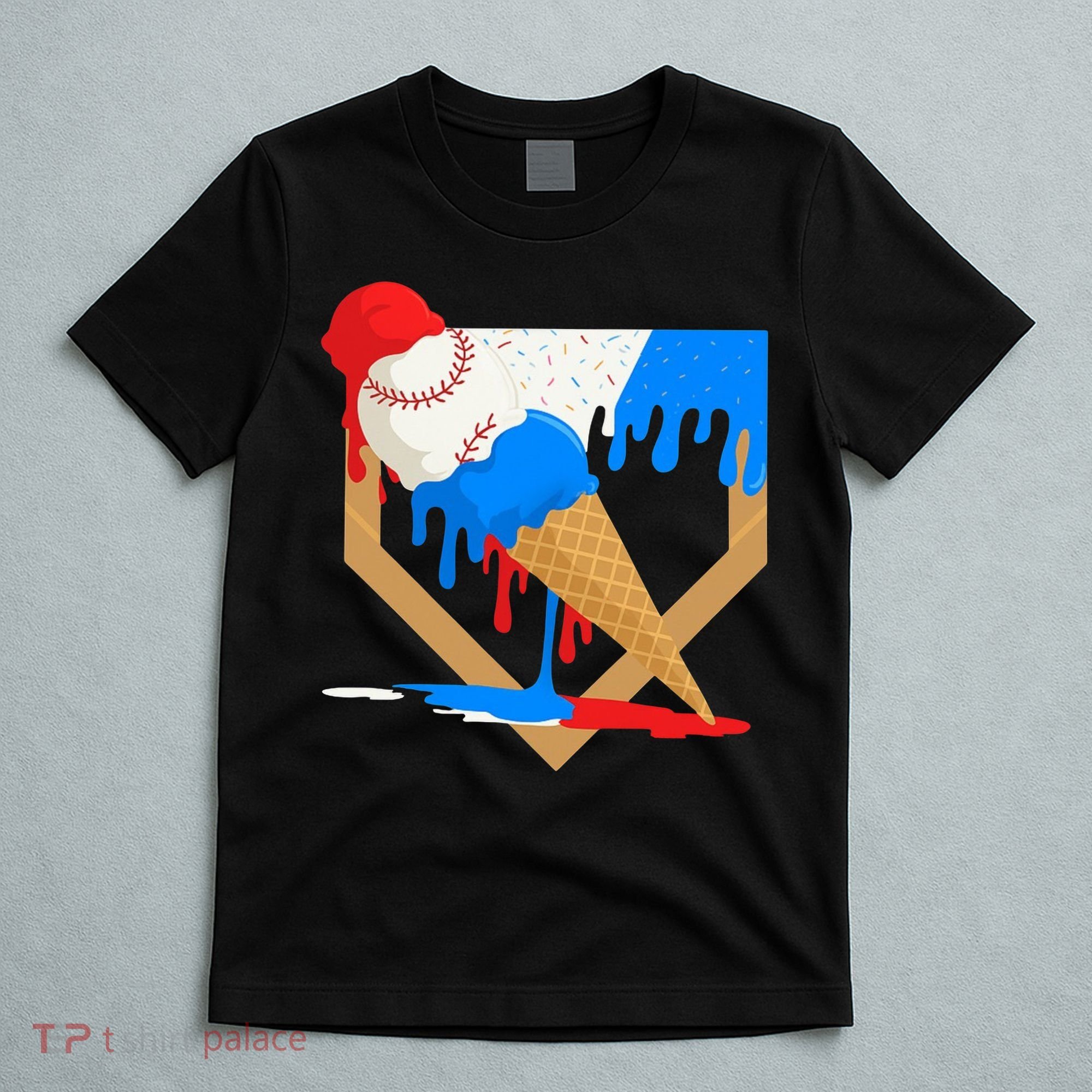 Red White And Blue Baseball Ice Cream Drip T-Shirt