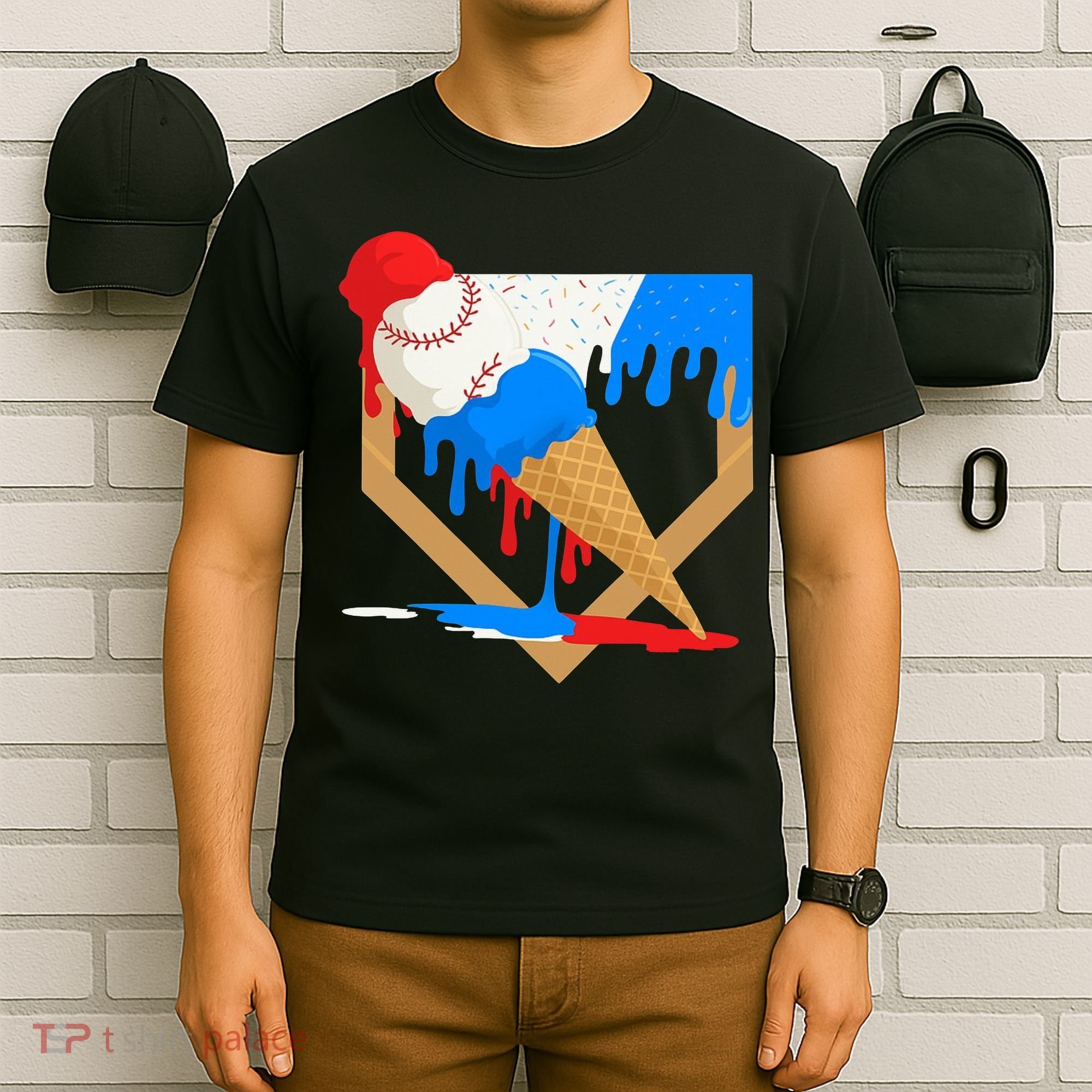 Red White And Blue Baseball Ice Cream Drip T-Shirt