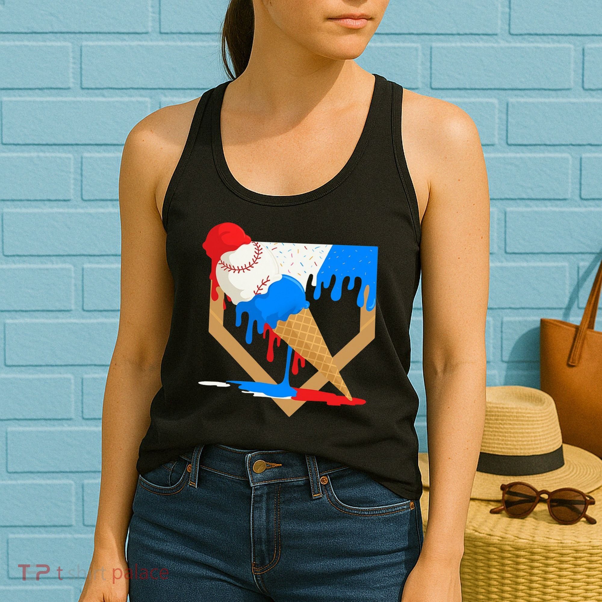 Red White And Blue Baseball Ice Cream Drip Women's Tank Top