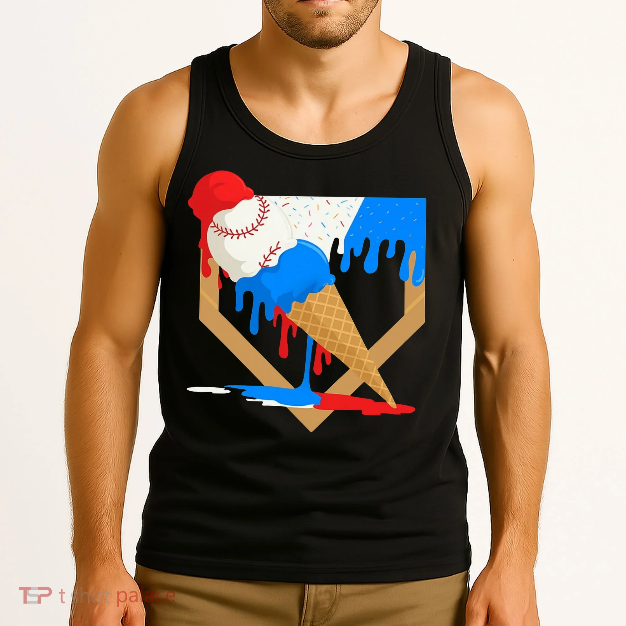 Red White And Blue Baseball Ice Cream Drip Tank Top