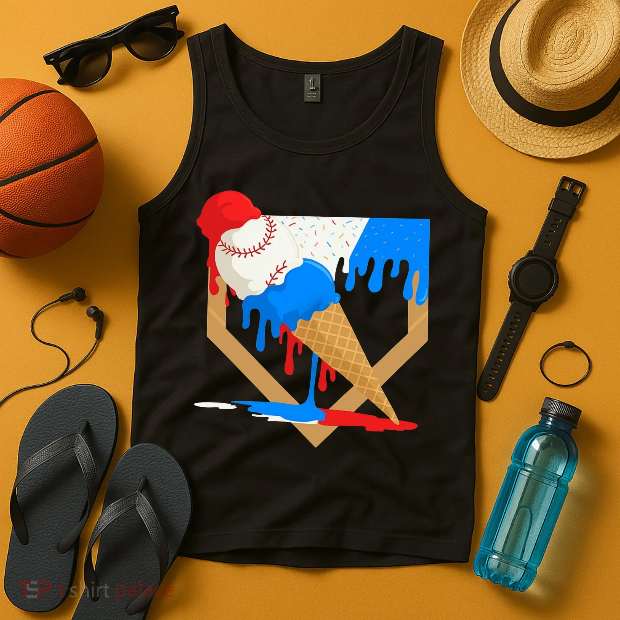 Red White And Blue Baseball Ice Cream Drip Tank Top