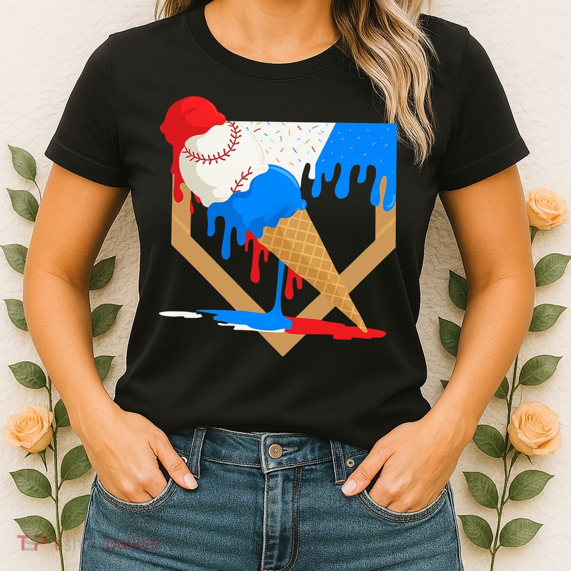 Red White And Blue Baseball Ice Cream Drip Women's T-Shirt