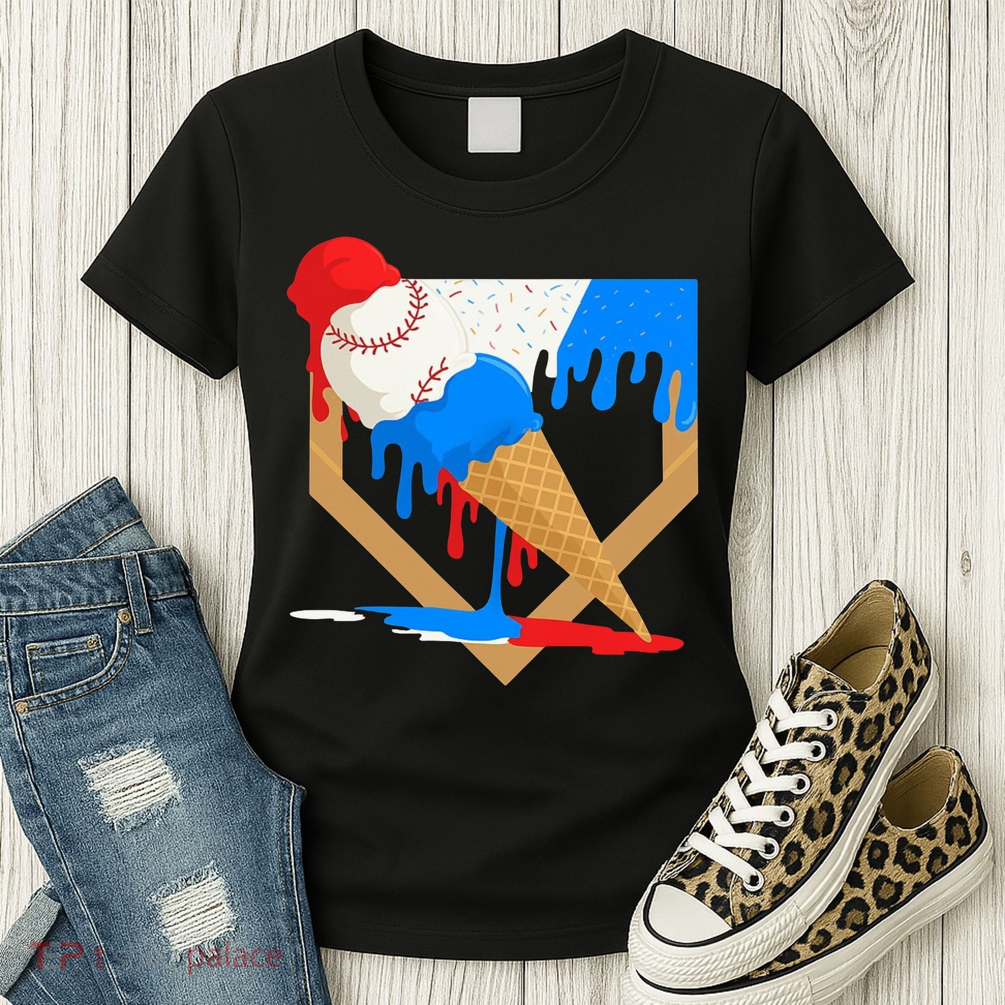 Red White And Blue Baseball Ice Cream Drip Women's T-Shirt