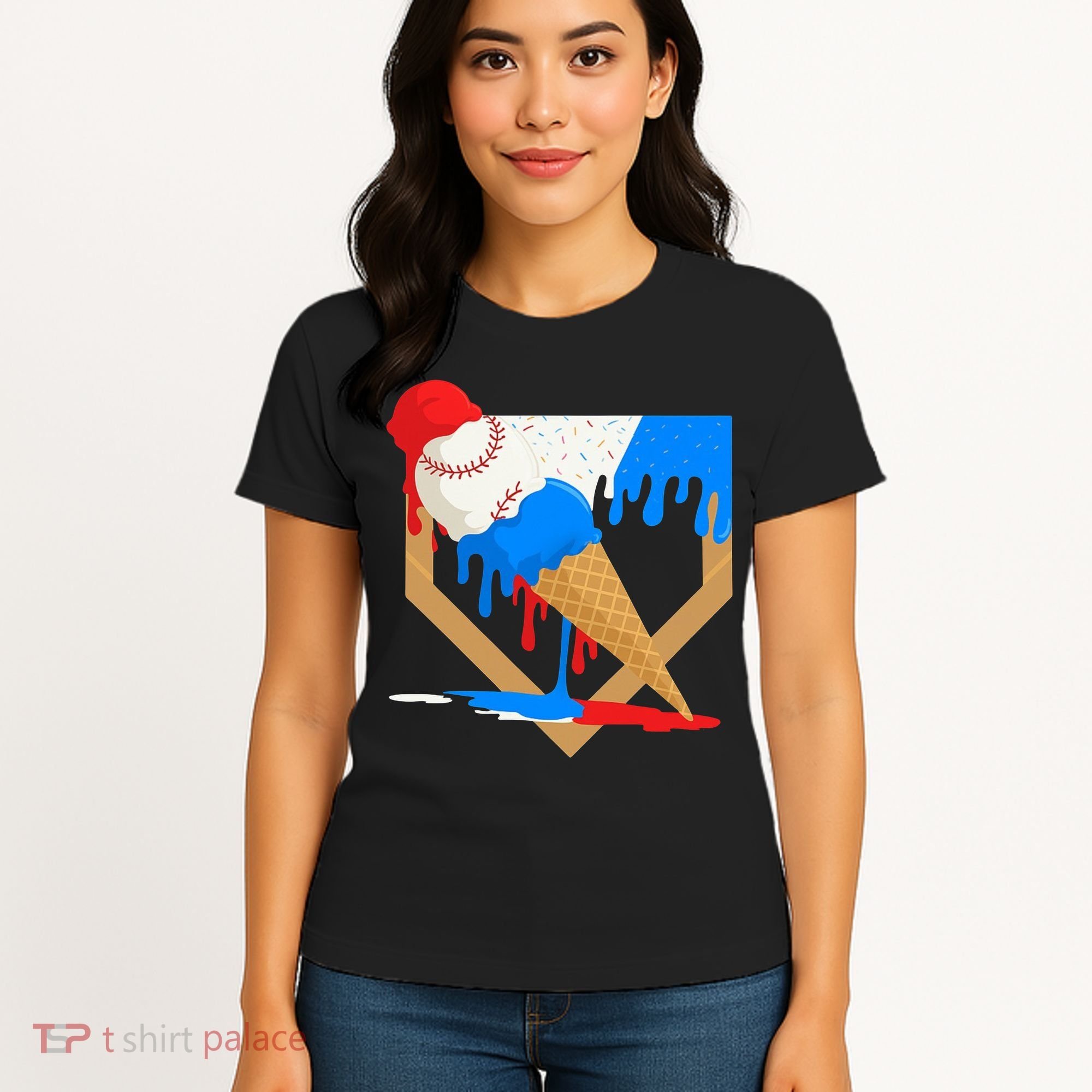 Red White And Blue Baseball Ice Cream Drip Women's T-Shirt