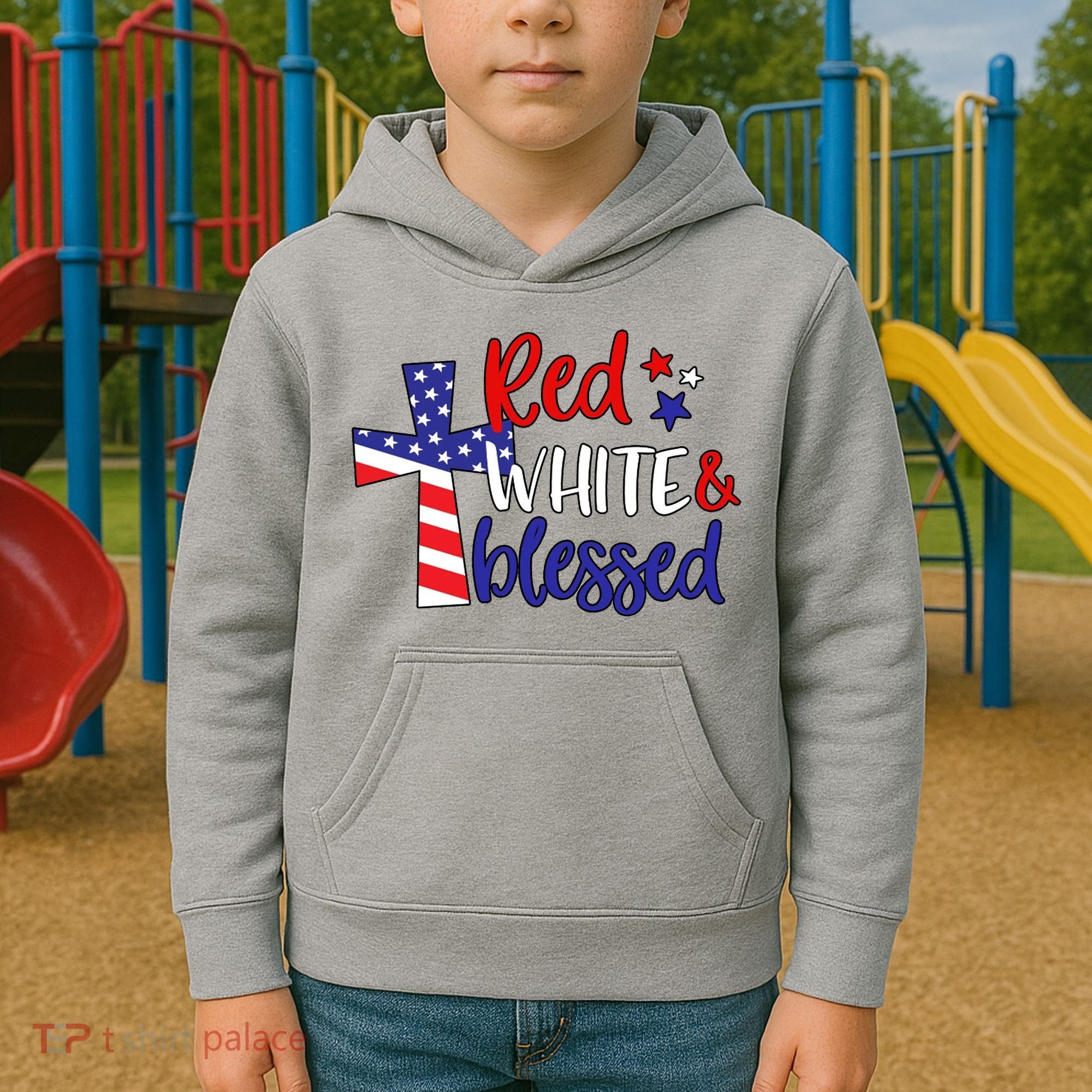 Red White And Blessed Usa Cross Celebration Kids Hoodie
