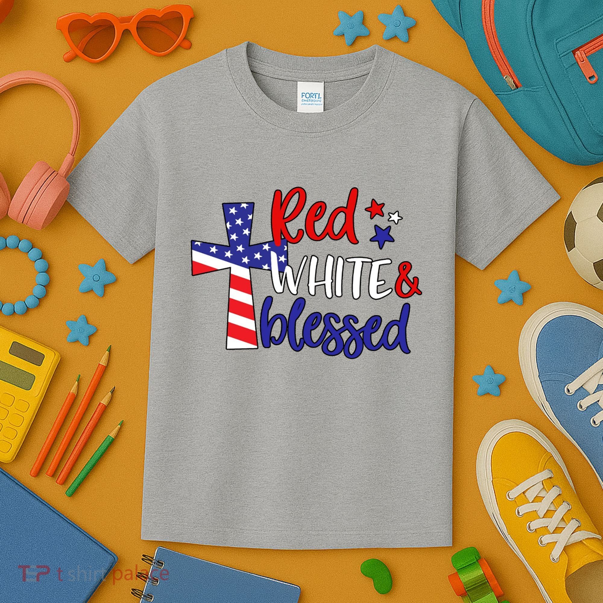 Red White And Blessed Usa Cross Celebration Kids T-Shirt
