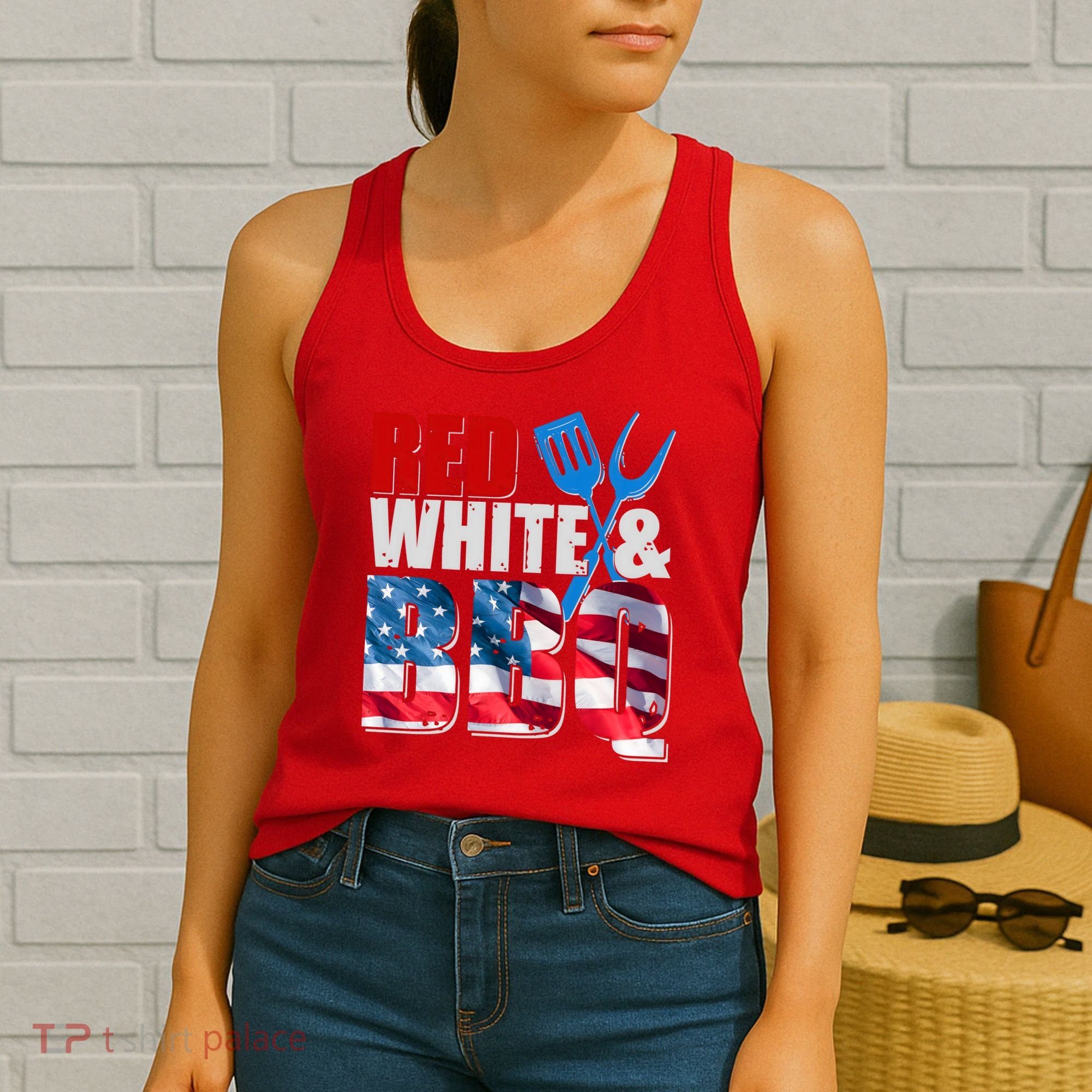 Red White And BBQ American USA Flag Women's Tank Top